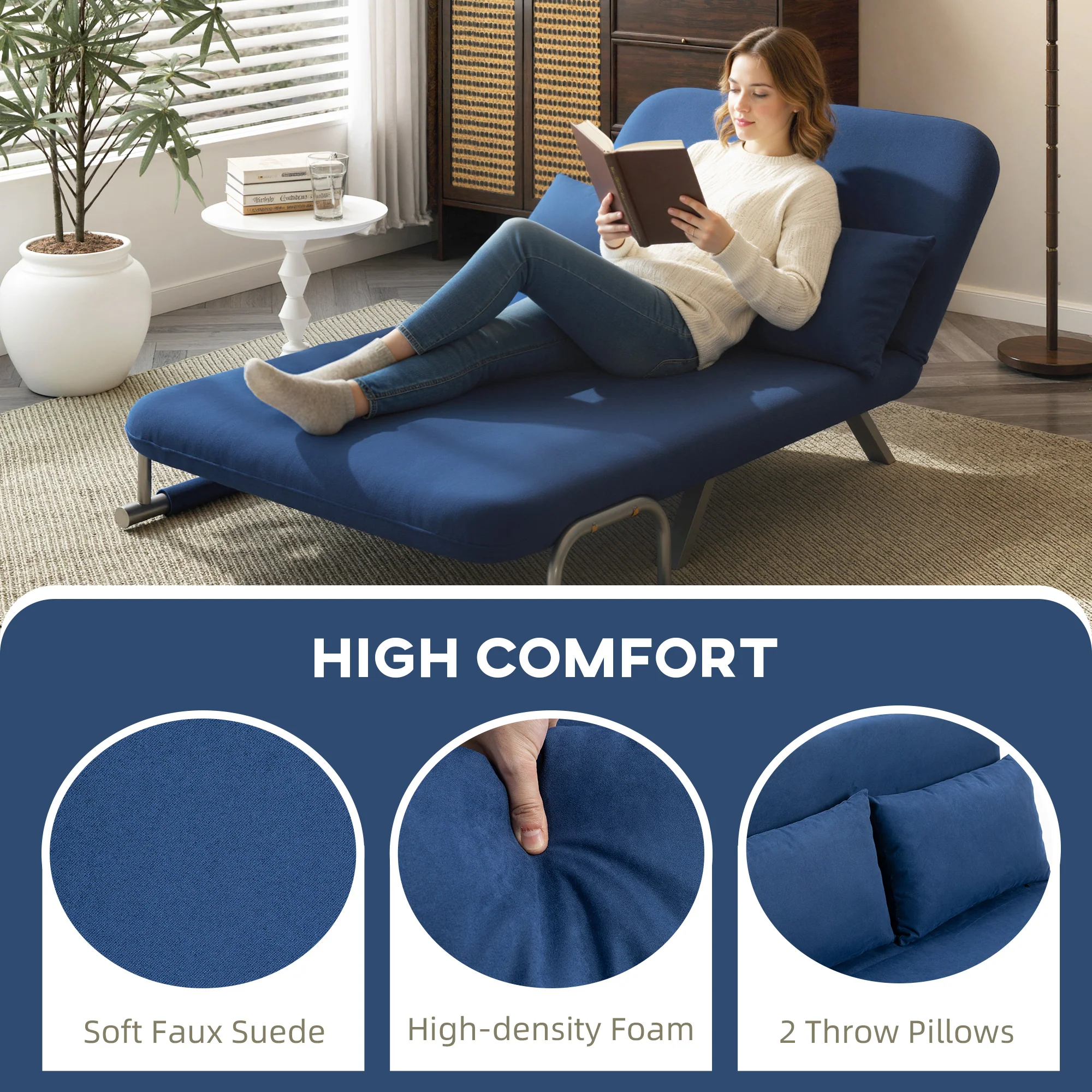 HOMCOM Fabric Sofa, Convertible 2 Seater Sofa Bed w/ Pillows, Dark Blue - Image 6
