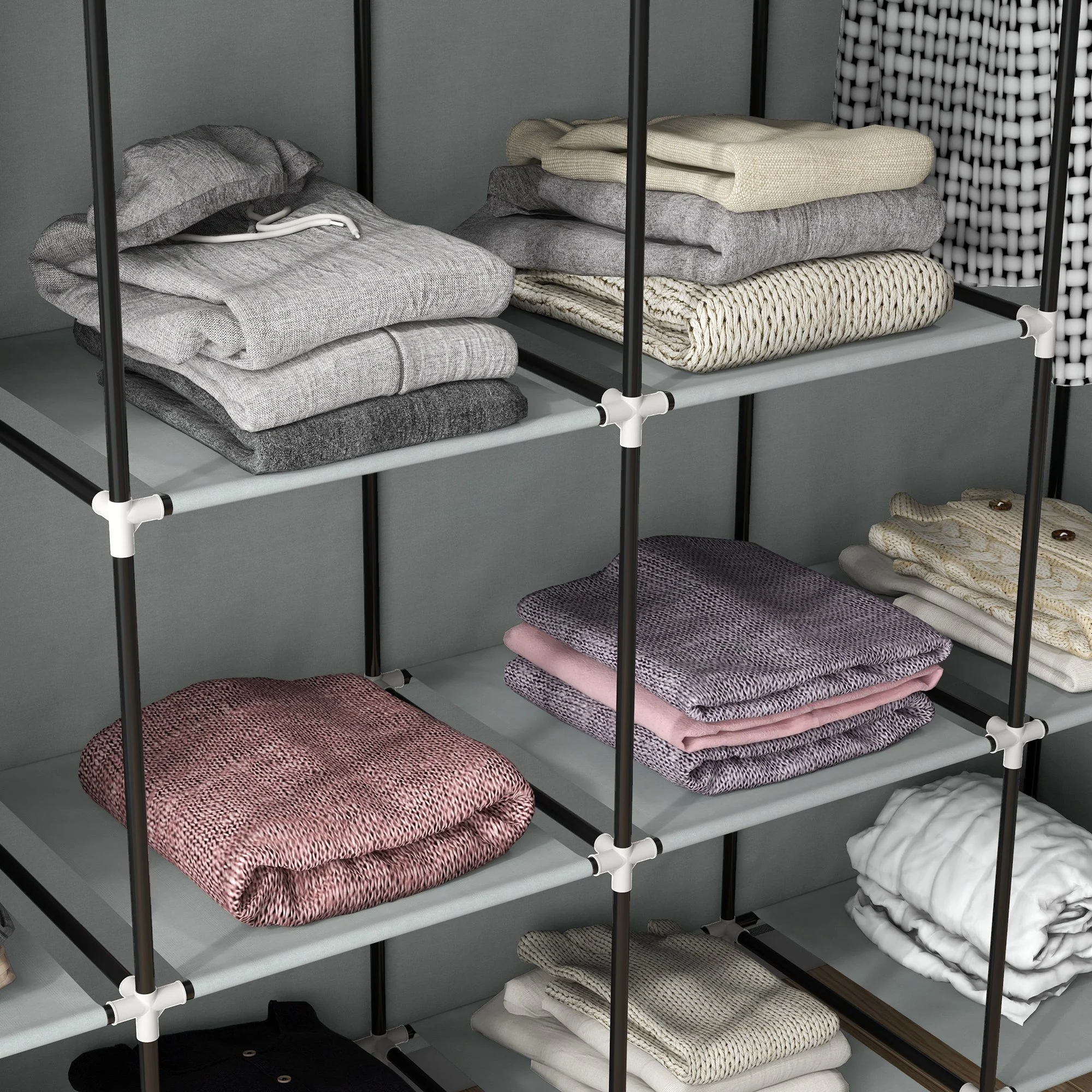HOMCOM Fabric Wardrobe w/ 12 Shelves 2 Hanging Rails Foldable Closets - Image 8