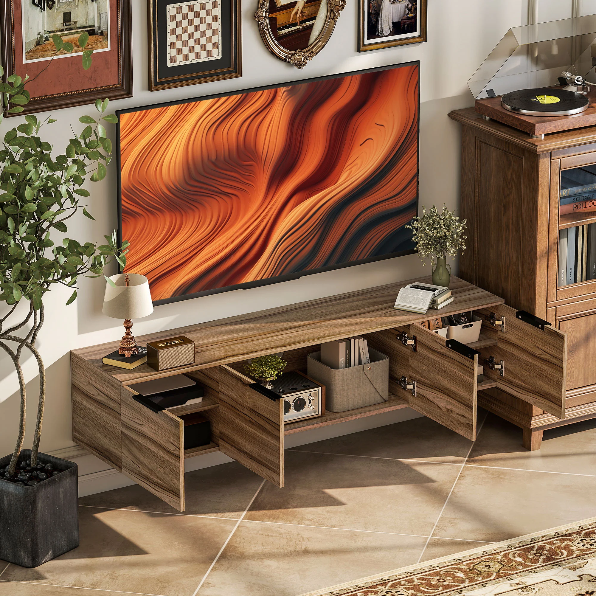 HOMCOM Floating TV Stand Cabinet With Shelves And Doors, Rustic Brown - Image 7