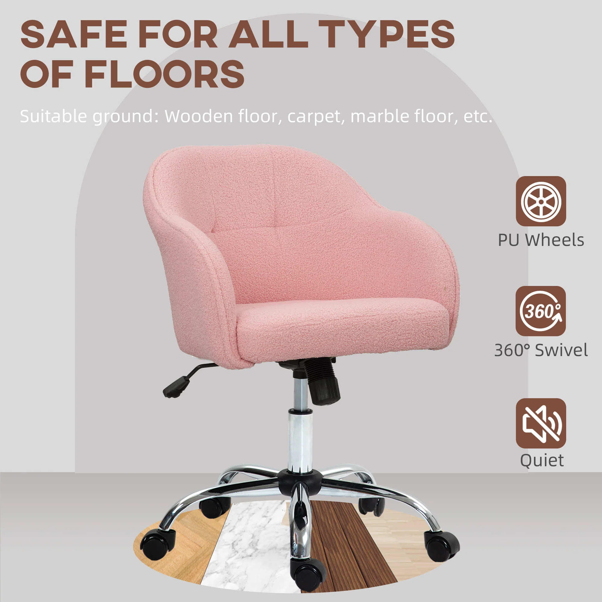 HOMCOM Fluffy Vanity Chair for Desk, with Height Adjustable, Wheels, Pink - Image 4