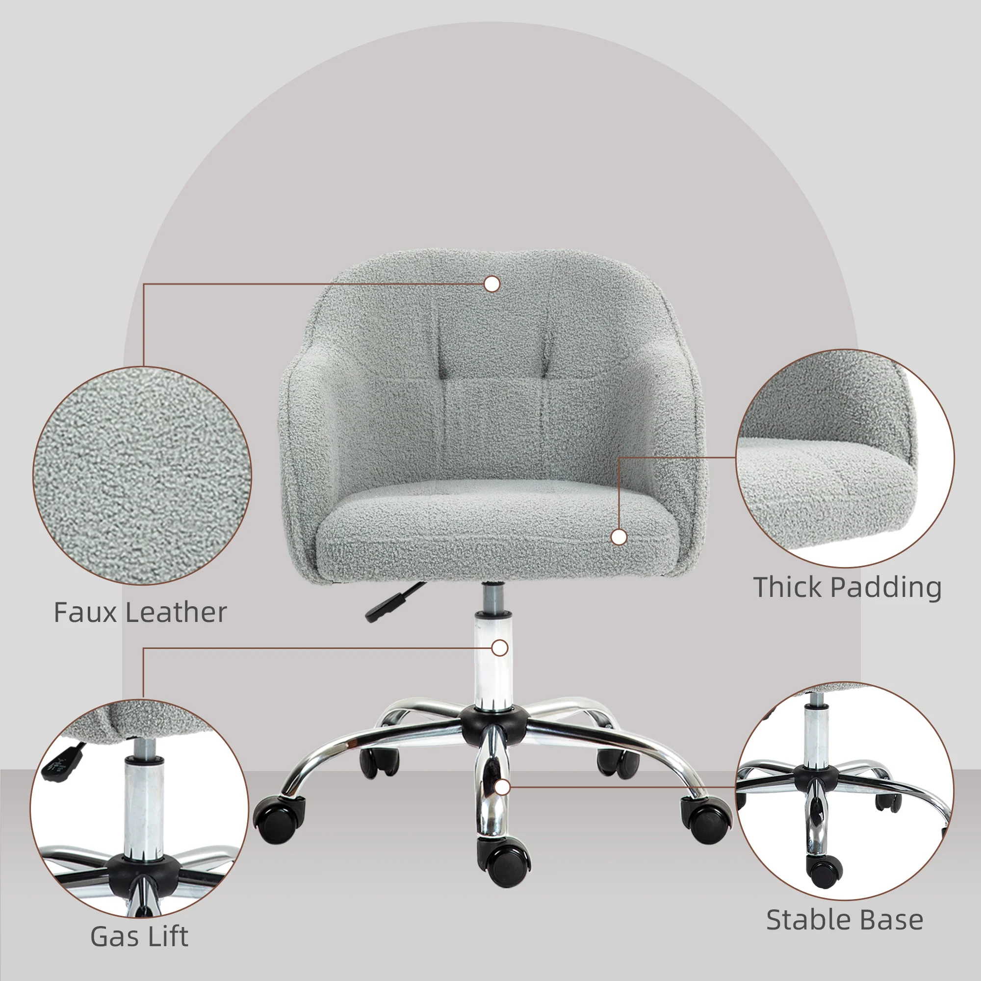 HOMCOM Fluffy Vanity Chair For Desk, With Height Adjustable, Wheels - Grey/Cream - Image 6