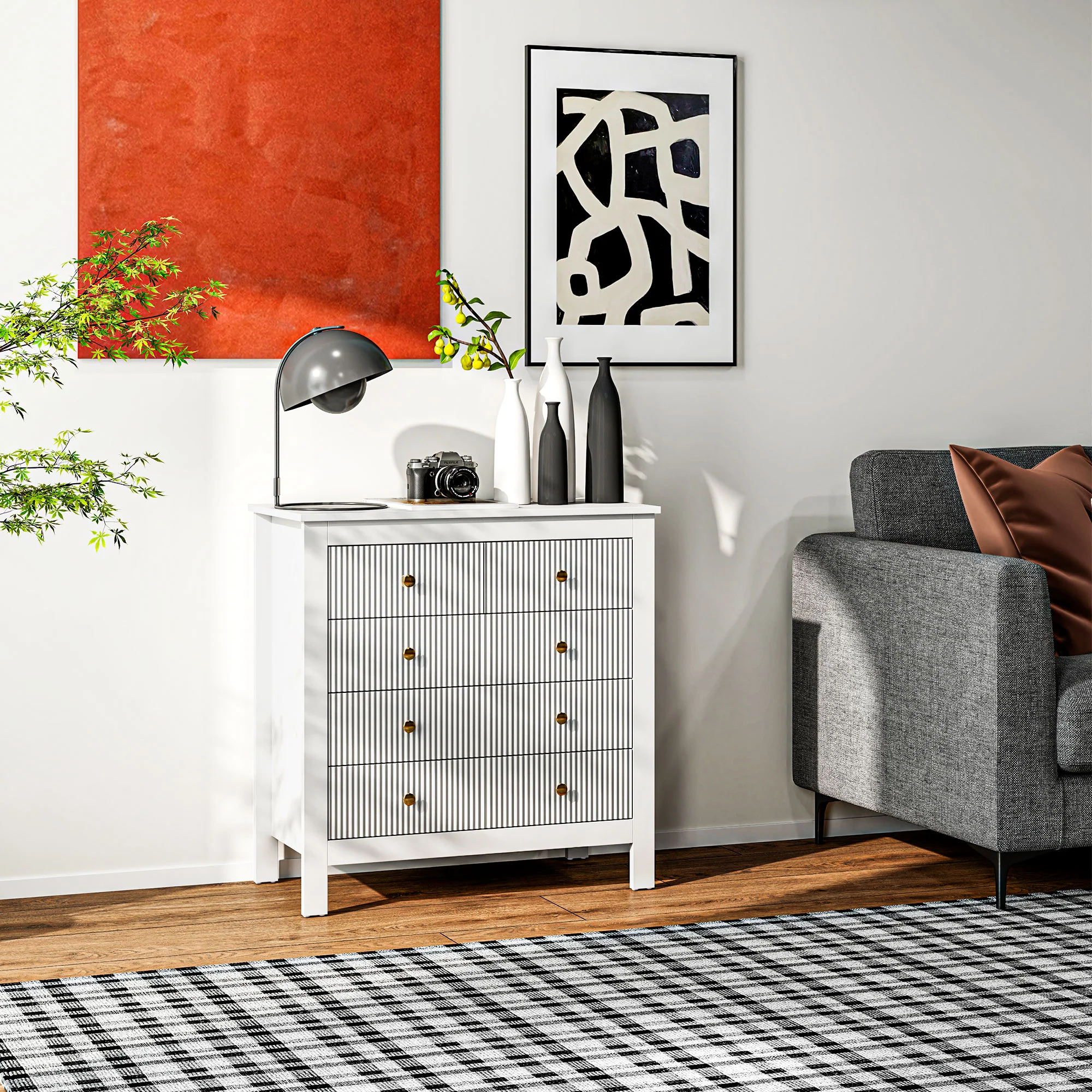 HOMCOM Fluted Bedroom Chest of Drawers w/ 5 Drawers Gold Tone Handles - Image 17