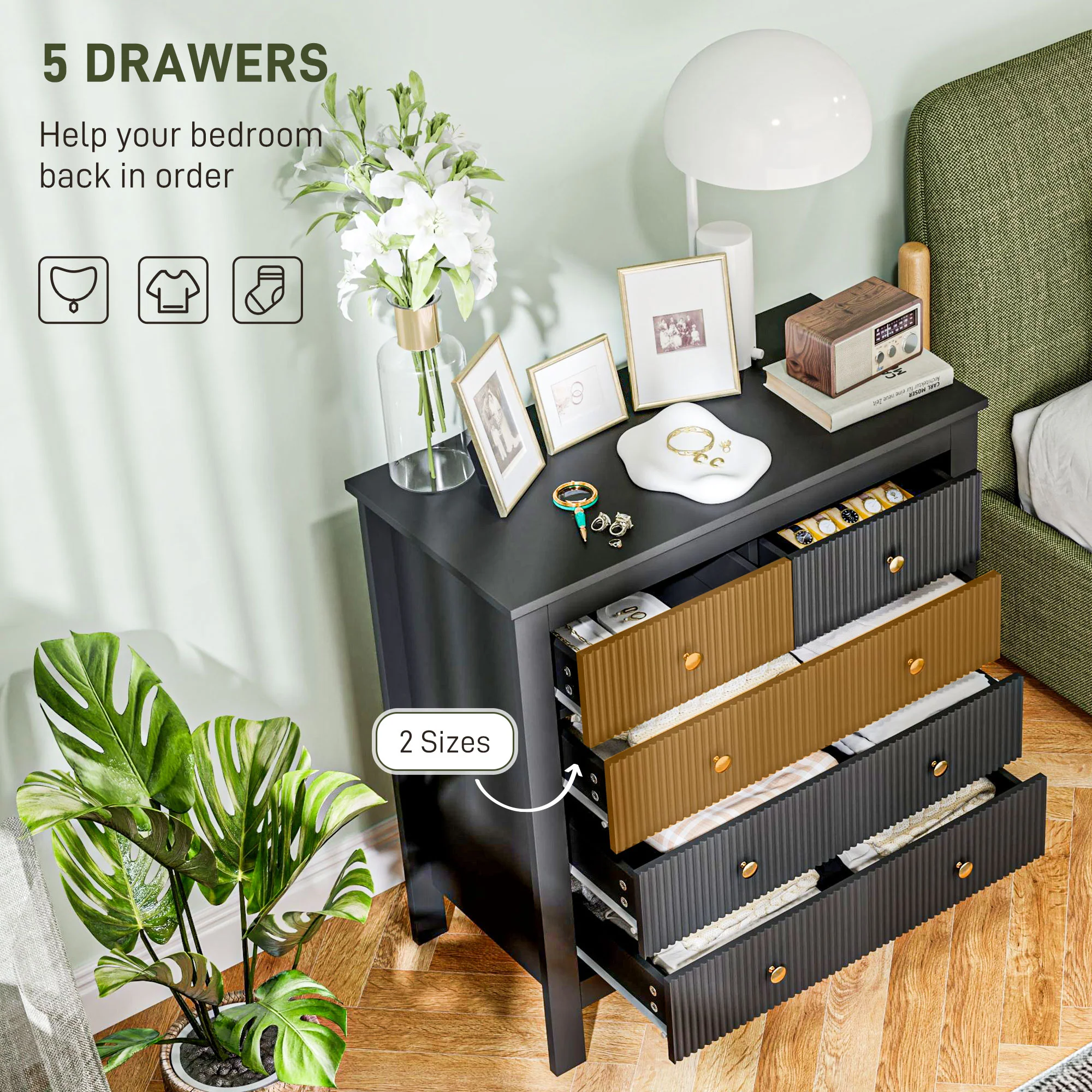 HOMCOM Fluted Bedroom Chest of Drawers w/ 5 Drawers Gold Tone Handles - Image 3