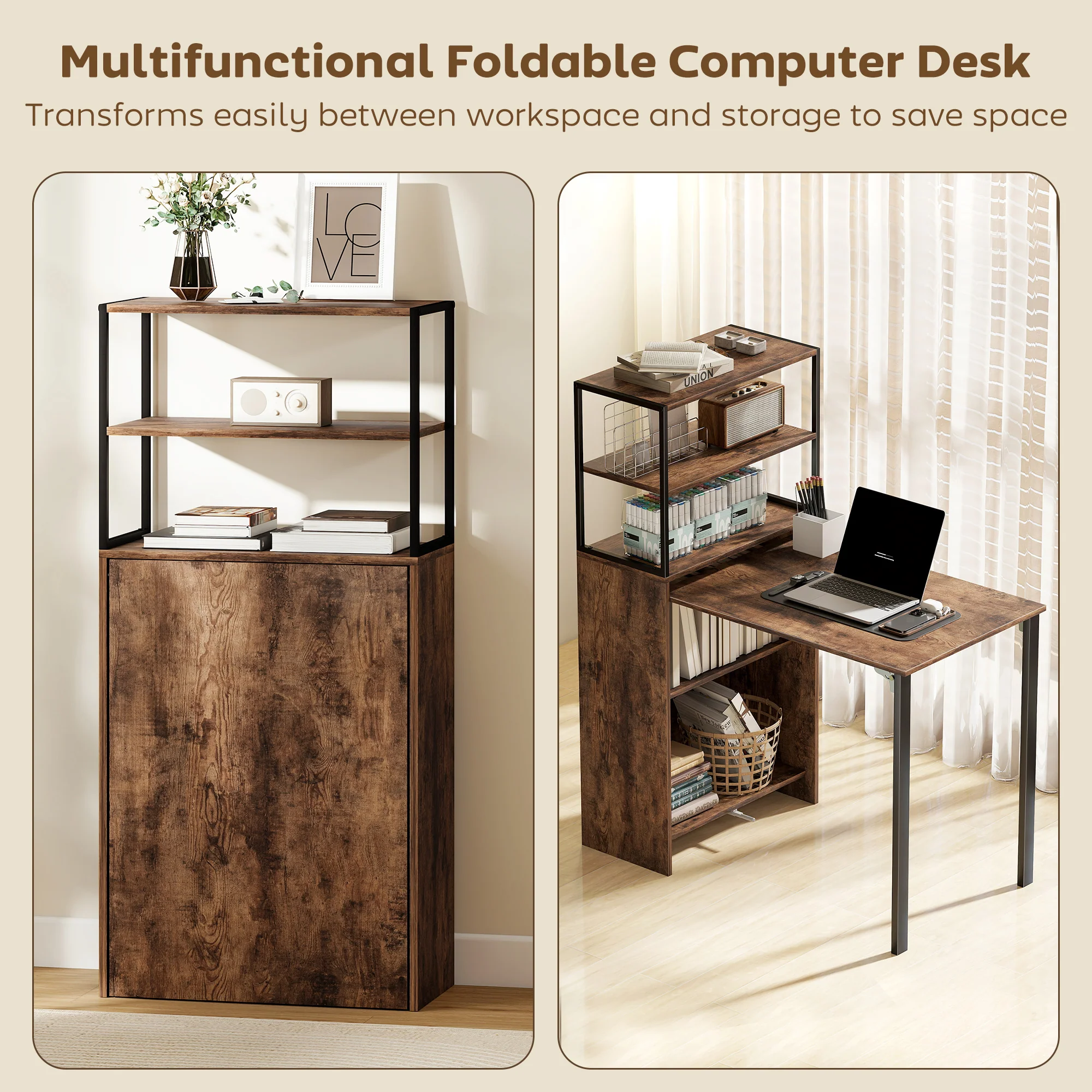 HOMCOM Foldable Computer Desk, Office Desk for Small Spaces, Rustic Brown - Image 3