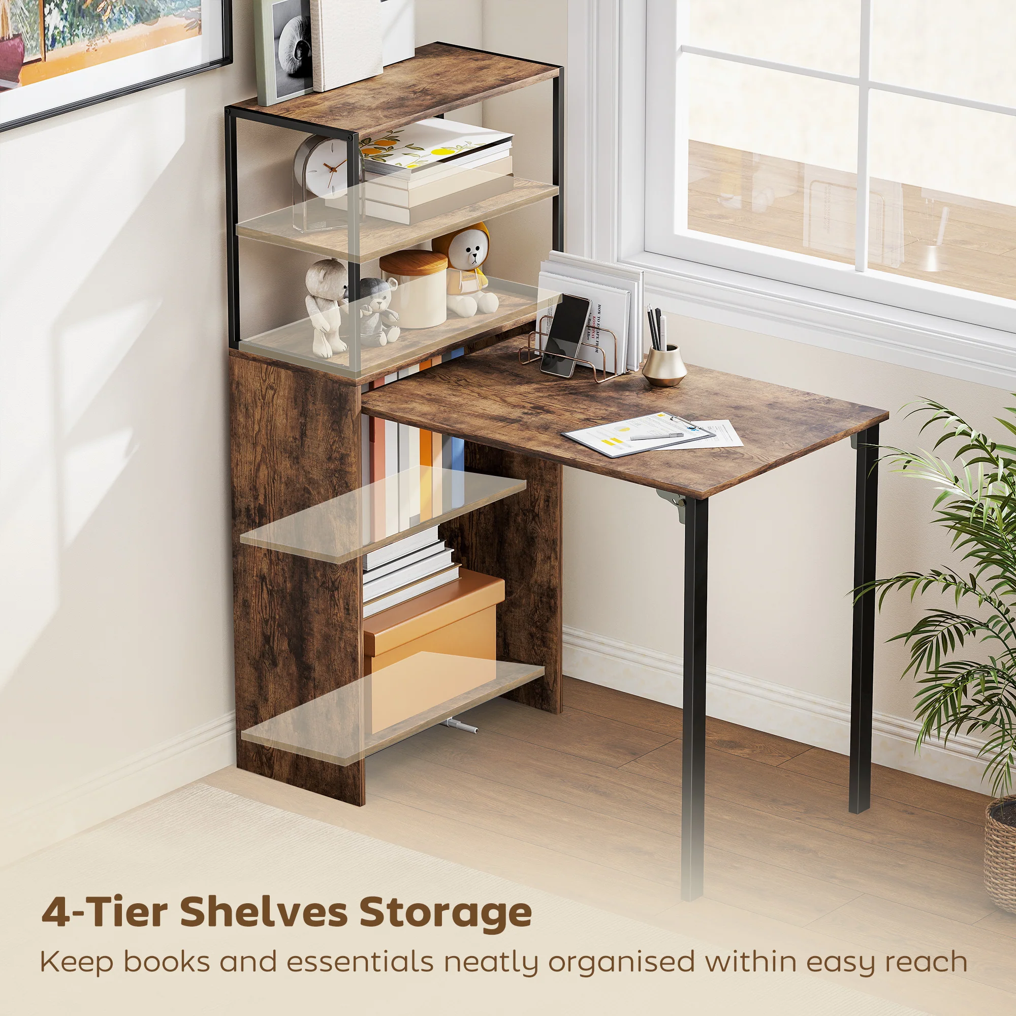 HOMCOM Foldable Computer Desk, Office Desk for Small Spaces, Rustic Brown - Image 4