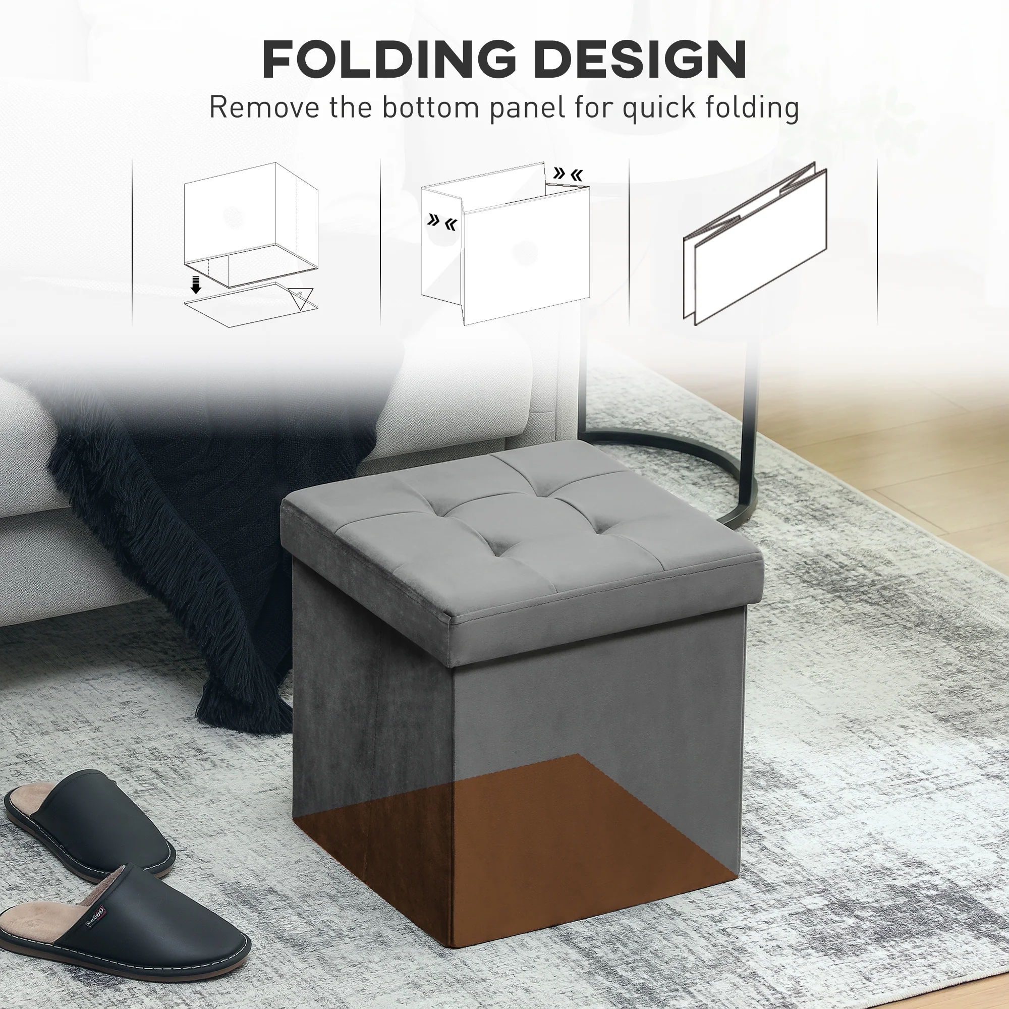 HOMCOM Foldable Velvet-Feel Storage Ottoman, 38 X 38 X 38 Cm, - Image 6