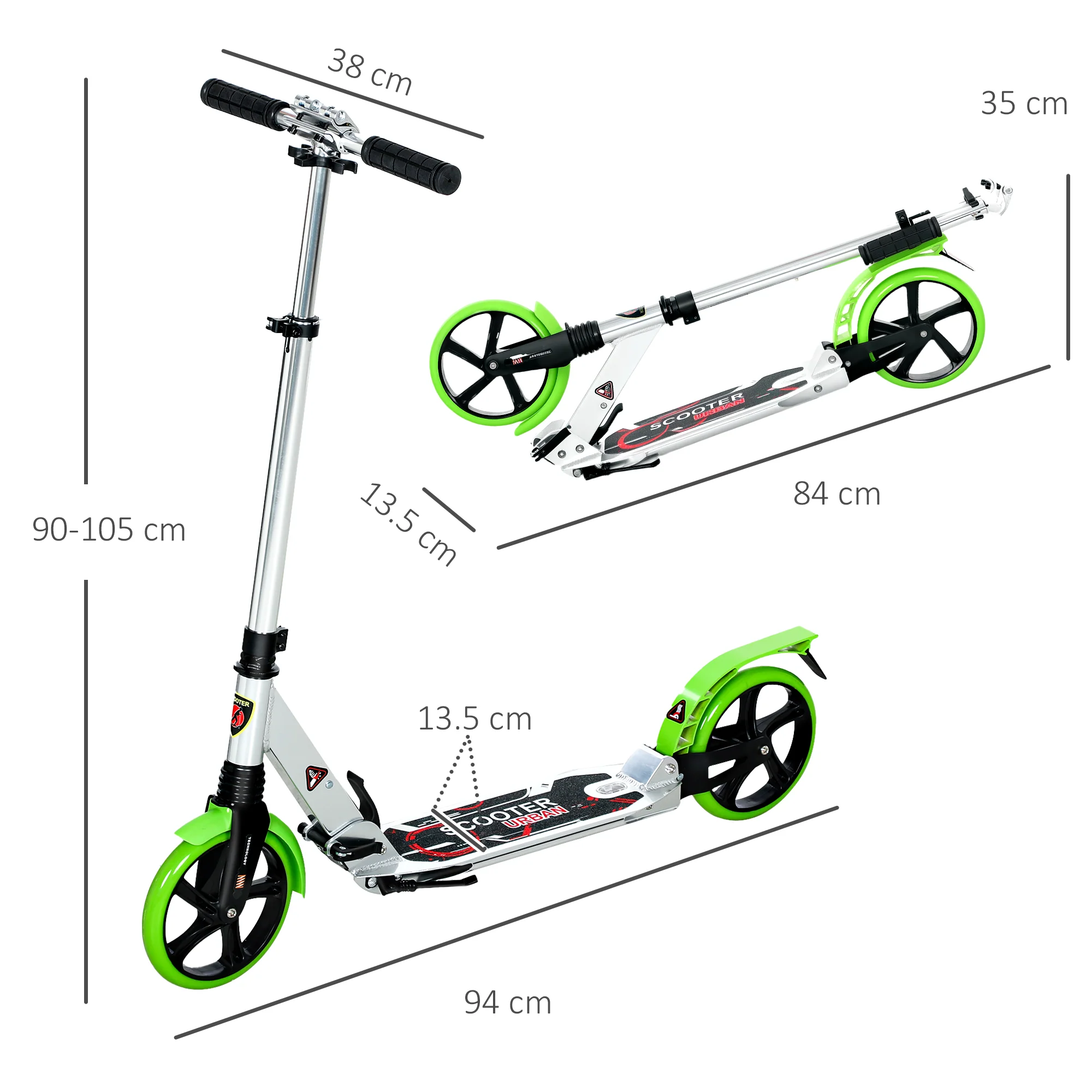 HOMCOM Folding Kick Scooter With Big Wheels For 14+ Teens Adult, Green - Image 5