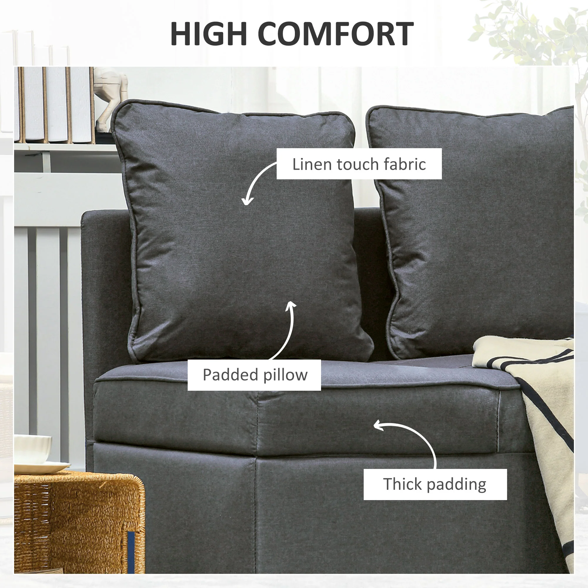 HOMCOM Folding Sleeper Sofa Bed Chair With Pillows, Pocket, Grey - Image 3