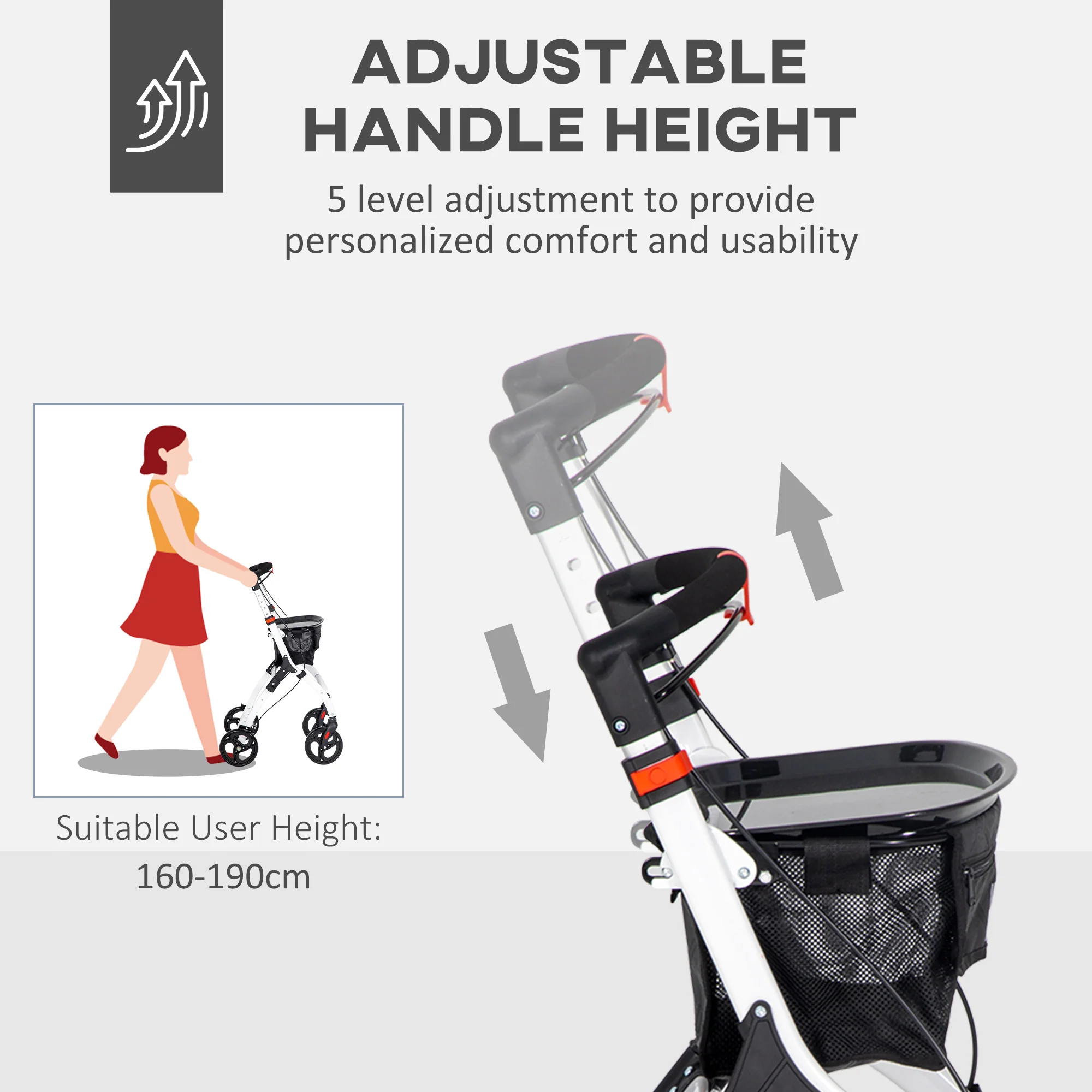 HOMCOM Folding Upright Rollator Walker With Storage Bag, Tray, White - Image 4