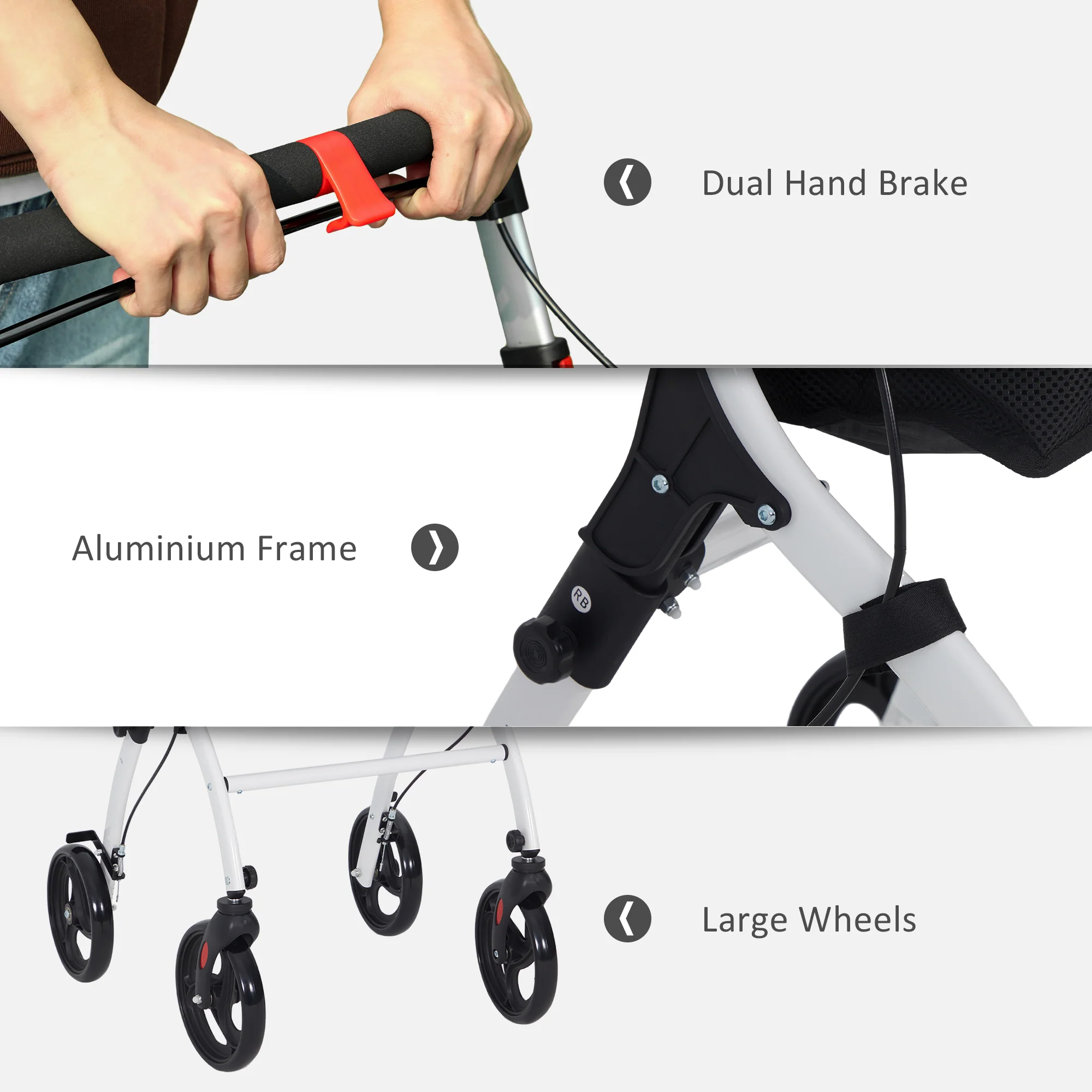 HOMCOM Folding Upright Rollator Walker With Storage Bag, Tray, White - Image 7