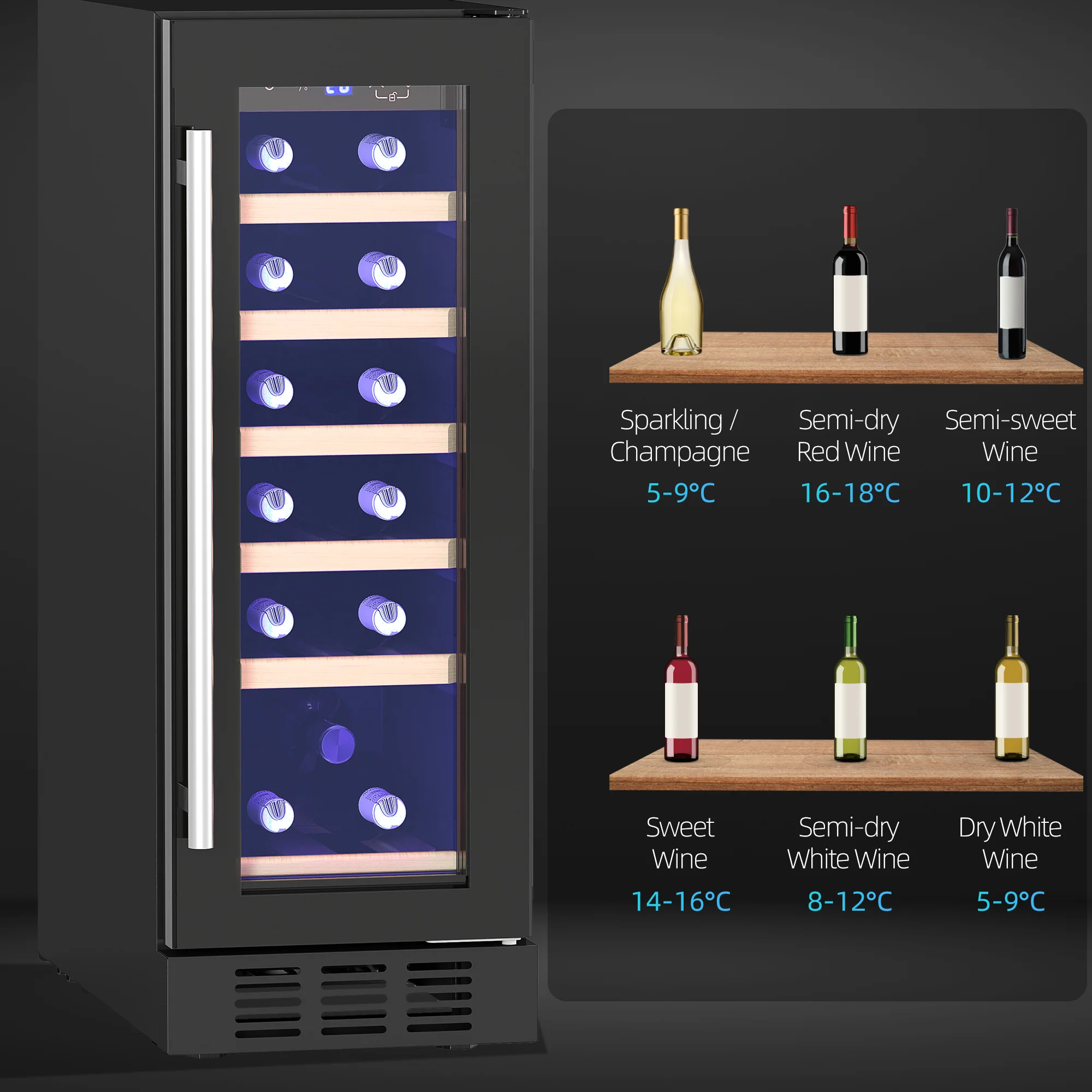 HOMCOM Freestanding / Built-in Wine Cooler Fridge, 19 Bottle, Black - Image 9