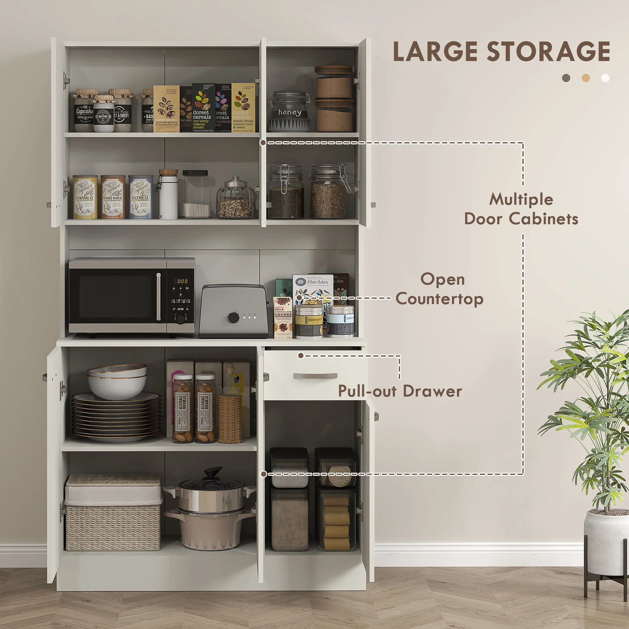 HOMCOM Freestanding Kitchen Cupboard, Storage Cabinet With Doors Cream White - Image 3