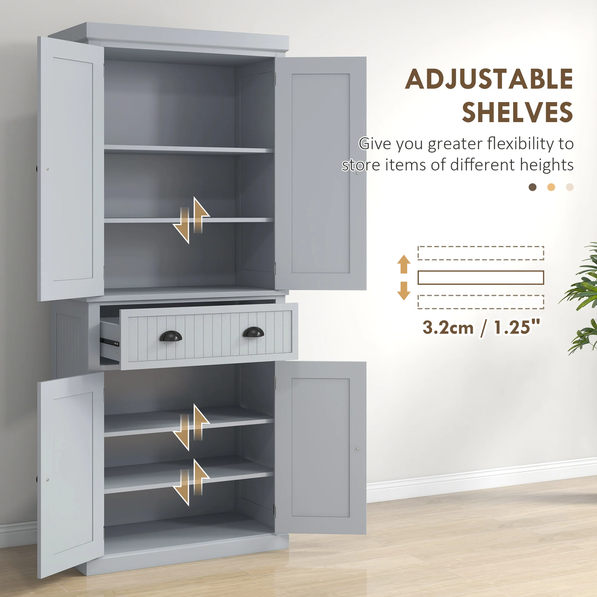 HOMCOM Freestanding Kitchen Storage Cabinet Drawers Cupboards Shelves Grey - Image 4