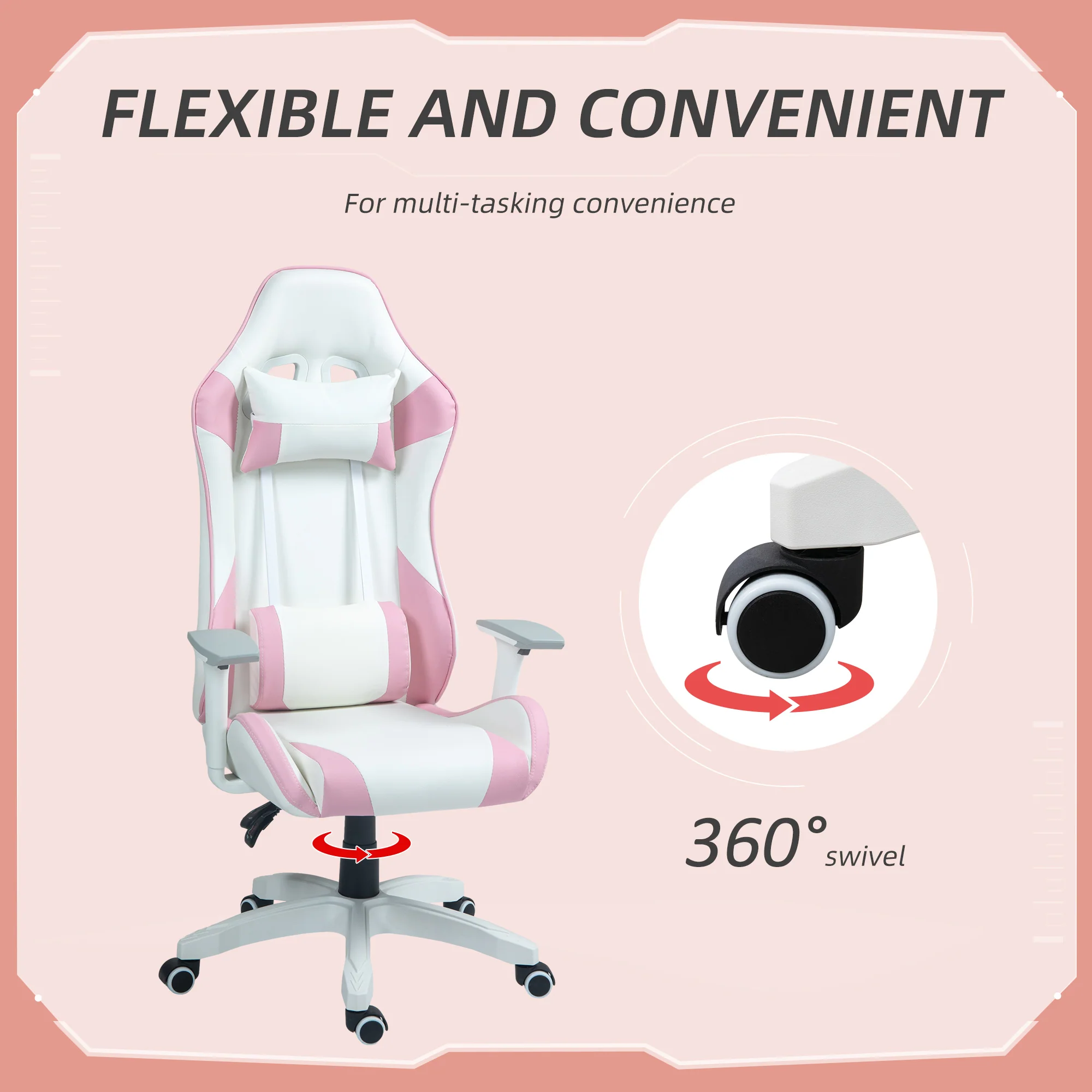 HOMCOM Gaming Chair For Adults Faux Leather Computer Chair W/ 3D Armrests - Pink/Blue - Image 7