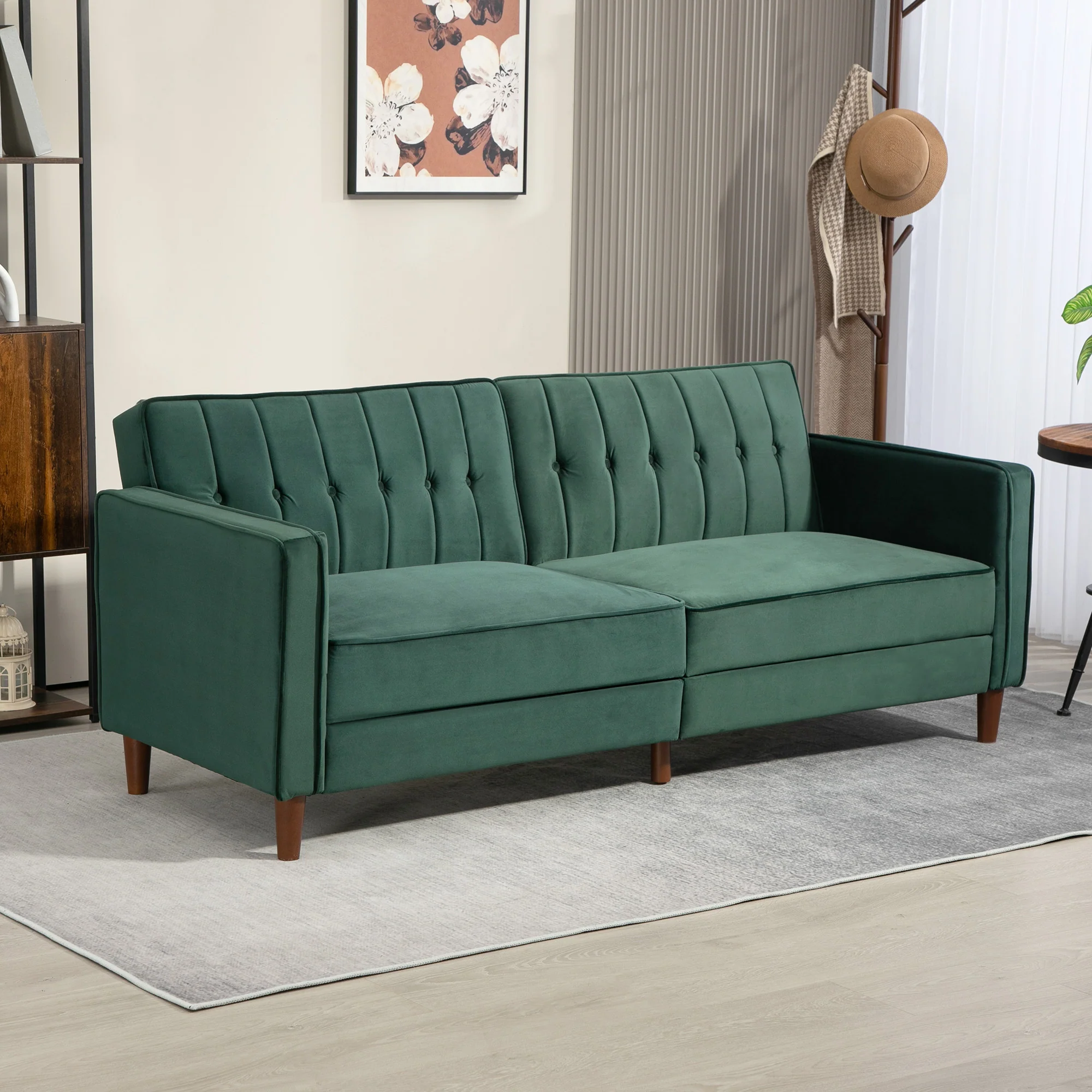 HOMCOM Green Convertible Sofa Futon Velvet-Touch Tufted Couch Sofa Bed - Image 12