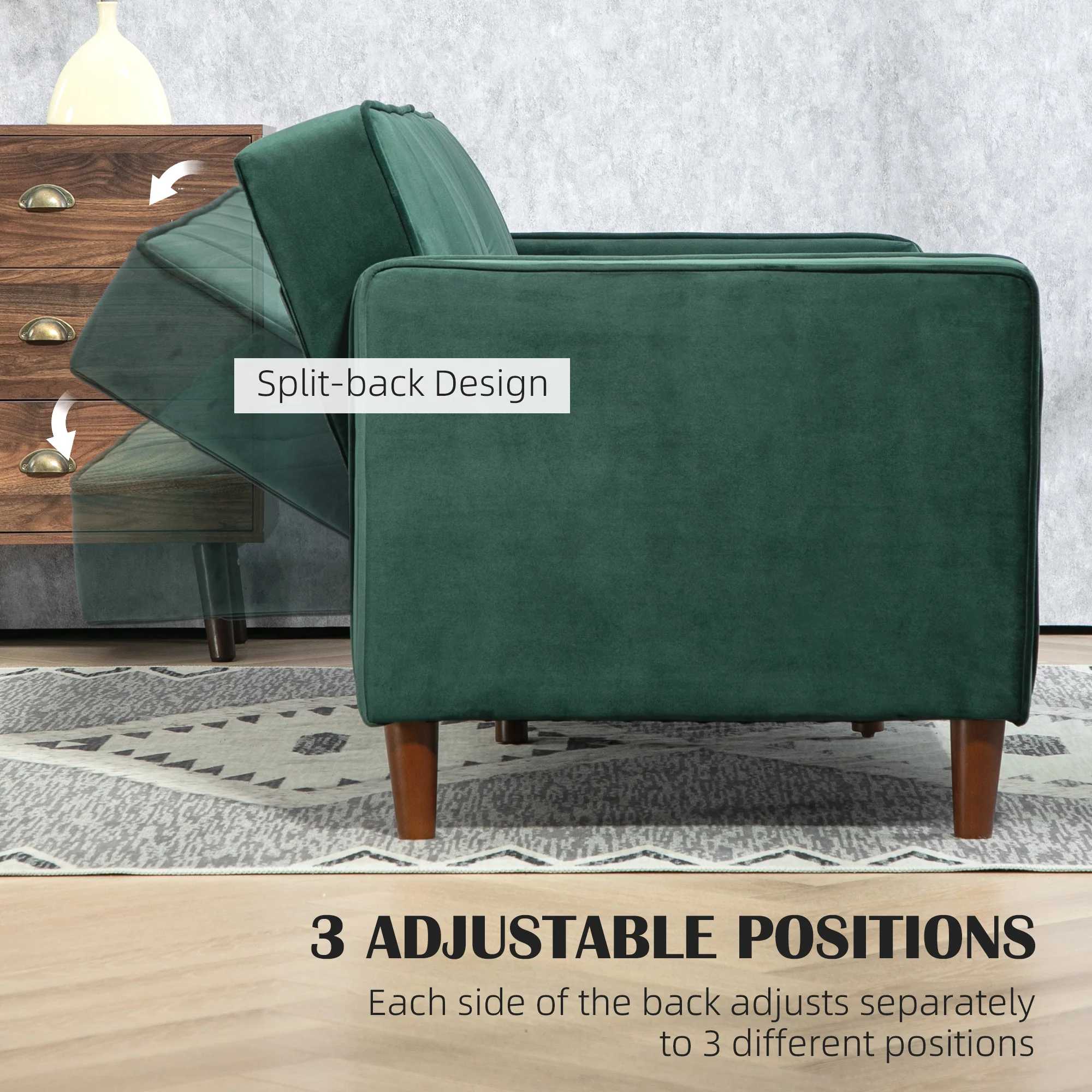 HOMCOM Green Convertible Sofa Futon Velvet-Touch Tufted Couch Sofa Bed - Image 14