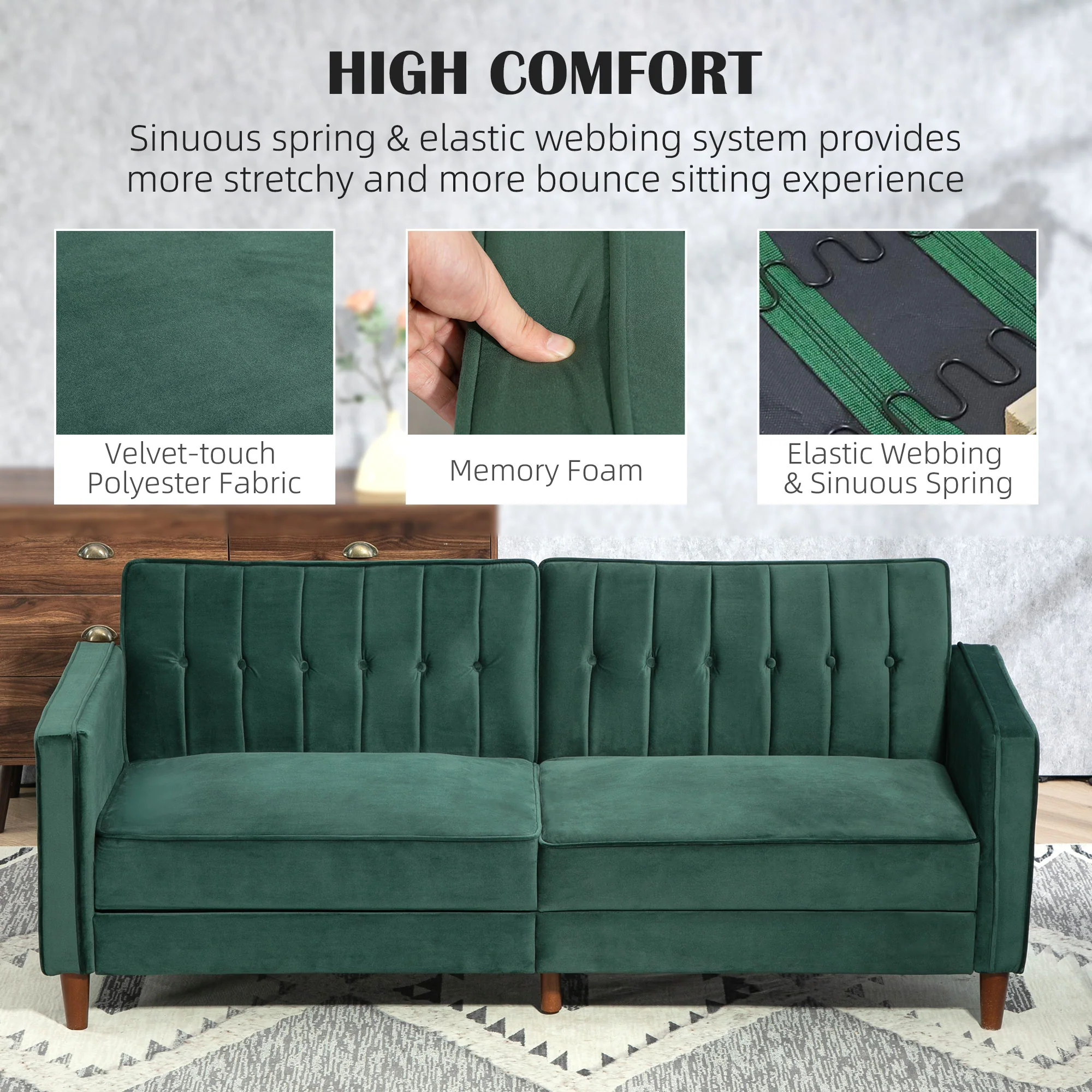 HOMCOM Green Convertible Sofa Futon Velvet-Touch Tufted Couch Sofa Bed - Image 16