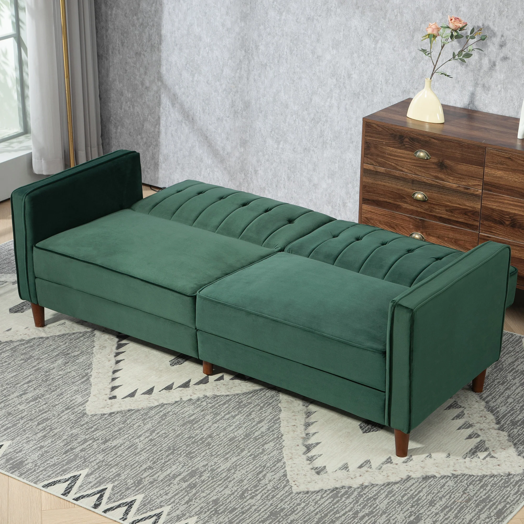 HOMCOM Green Convertible Sofa Futon Velvet-Touch Tufted Couch Sofa Bed - Image 17
