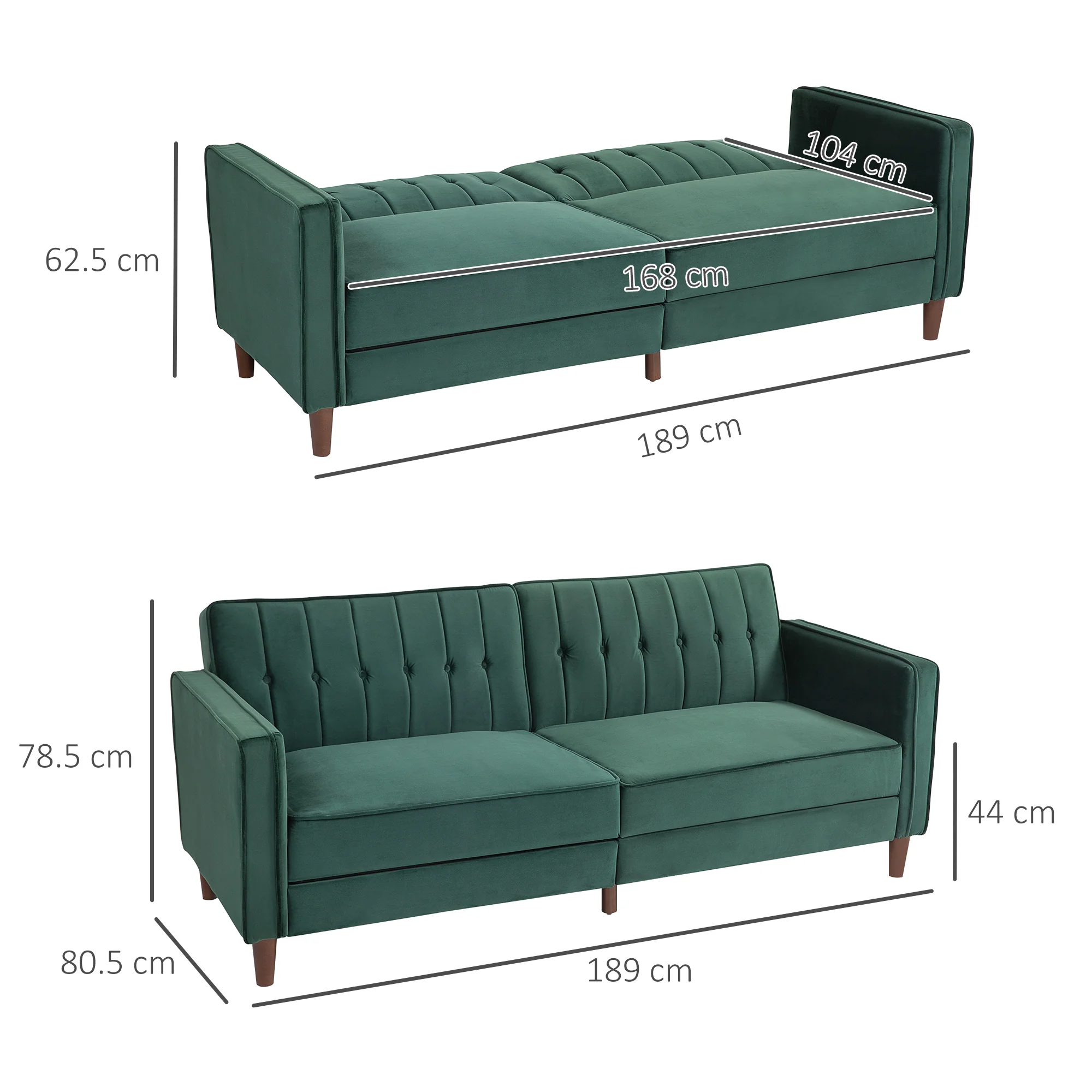 HOMCOM Green Convertible Sofa Futon Velvet-Touch Tufted Couch Sofa Bed - Image 6