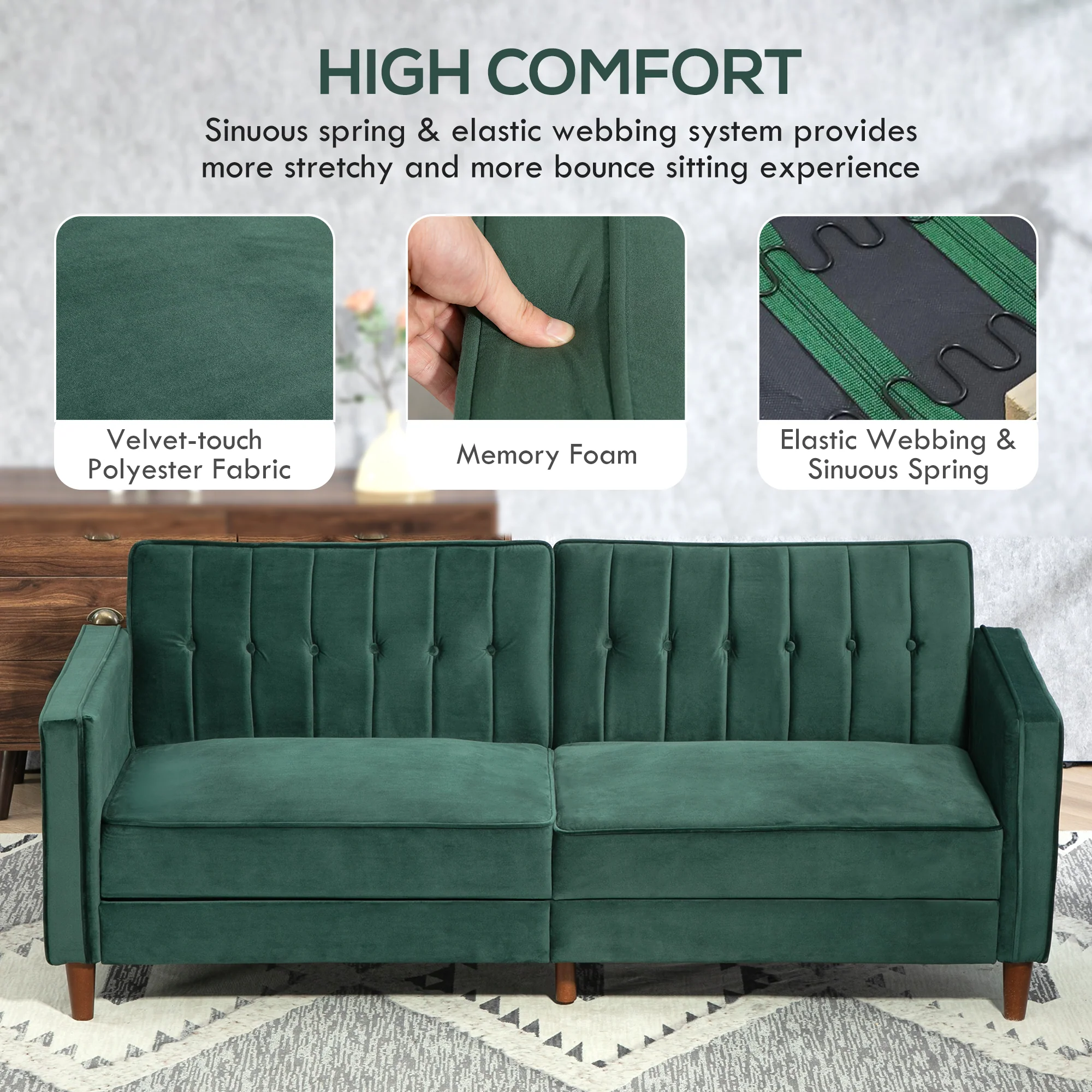 HOMCOM Green Convertible Sofa Futon Velvet-Touch Tufted Couch Sofa Bed - Image 7