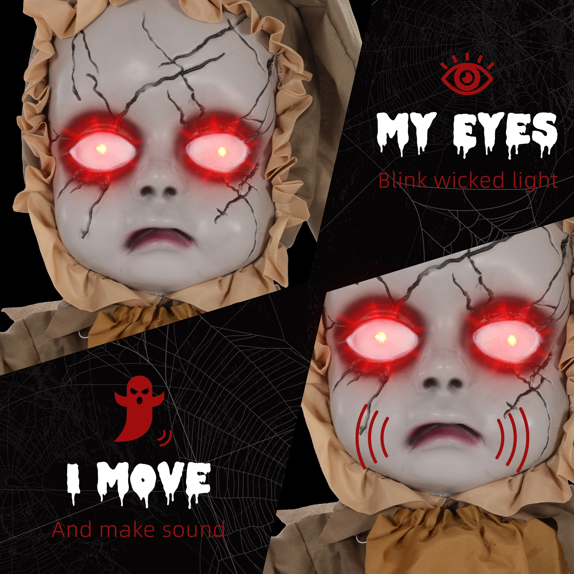 HOMCOM Halloween Doll Animatronic Prop with Light Up Eyes for Party - Image 5