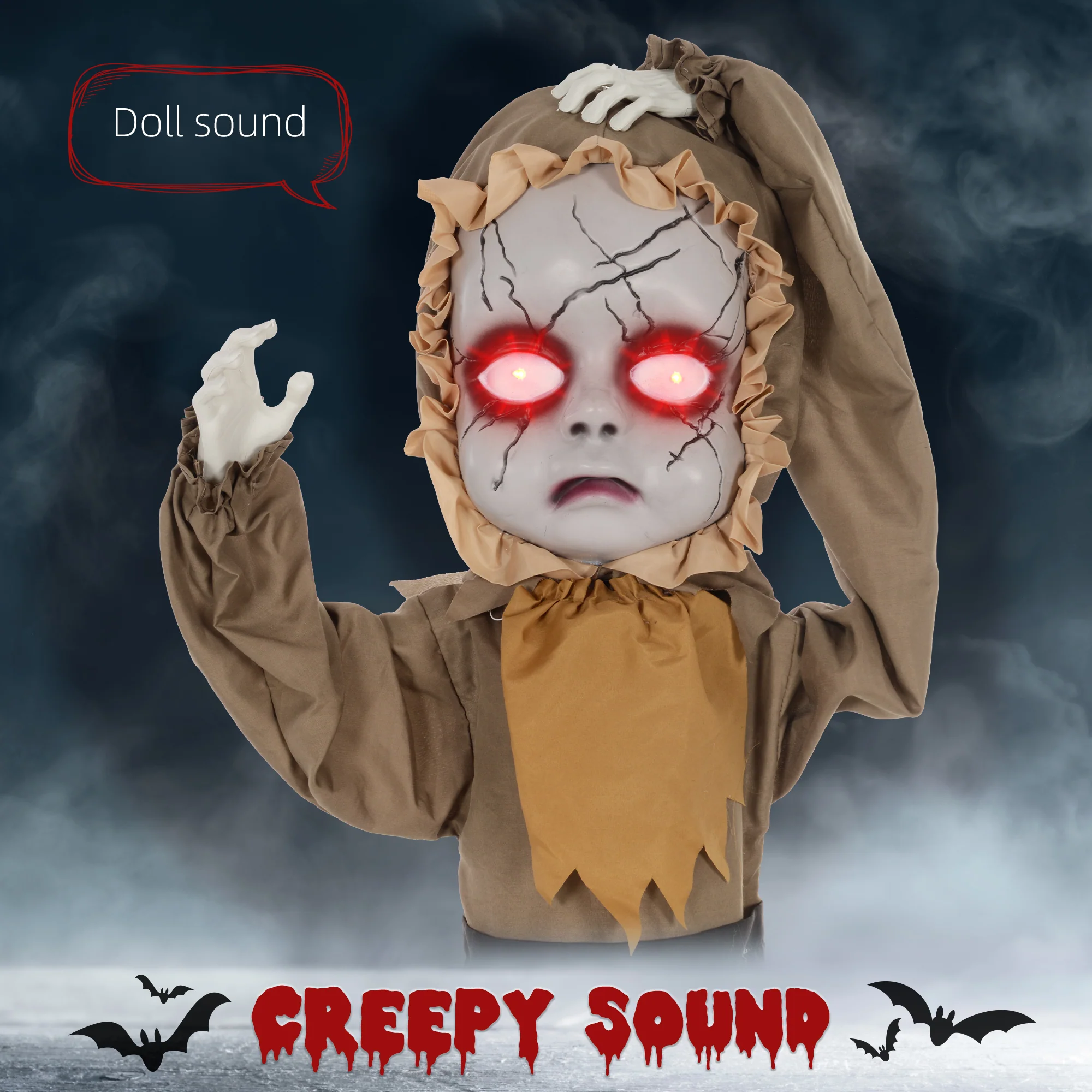 HOMCOM Halloween Doll Animatronic Prop with Light Up Eyes for Party - Image 4