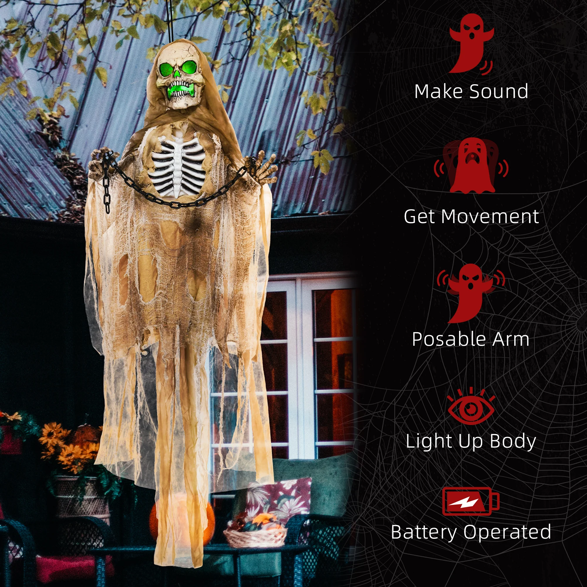 HOMCOM Hanging Halloween Skeleton Animatronic Prop for Indoor Outdoor - Image 7
