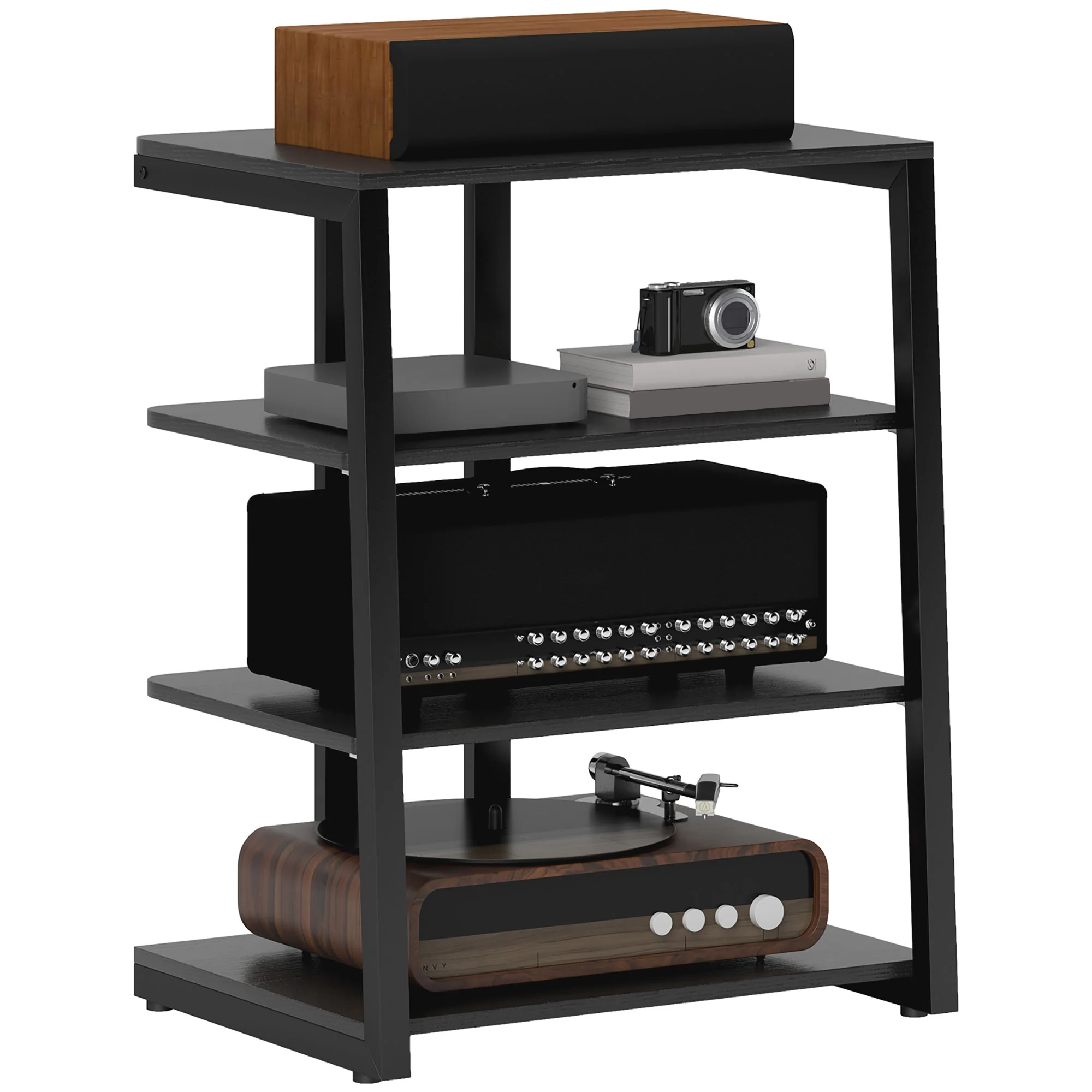 HOMCOM HiFi Rack Stand W/ Power Strip Rack 4-Tier Record Player Stand Black - Image 2