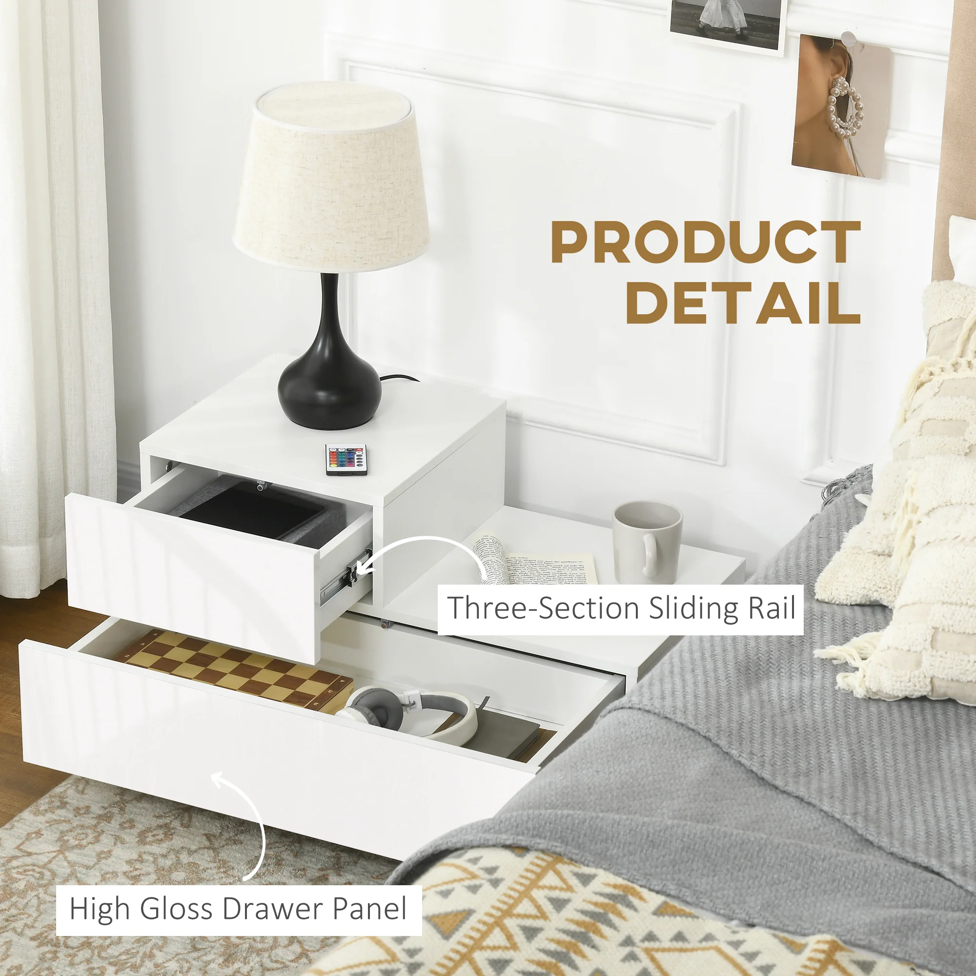 HOMCOM High Gloss Front Bedside Table Nightstand with LED Light Remote White - Image 5