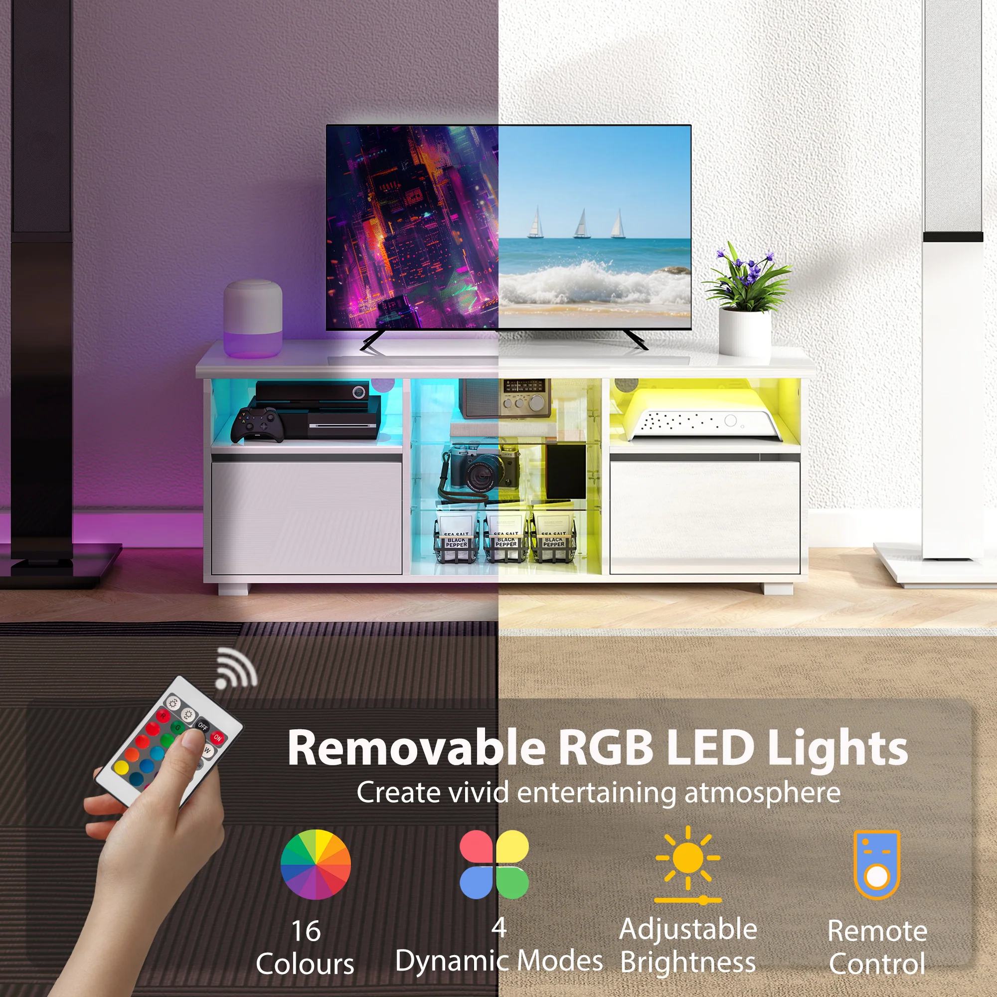 HOMCOM High Gloss TV Stand Cabinet with LED Lights for Living Room, White - Image 3