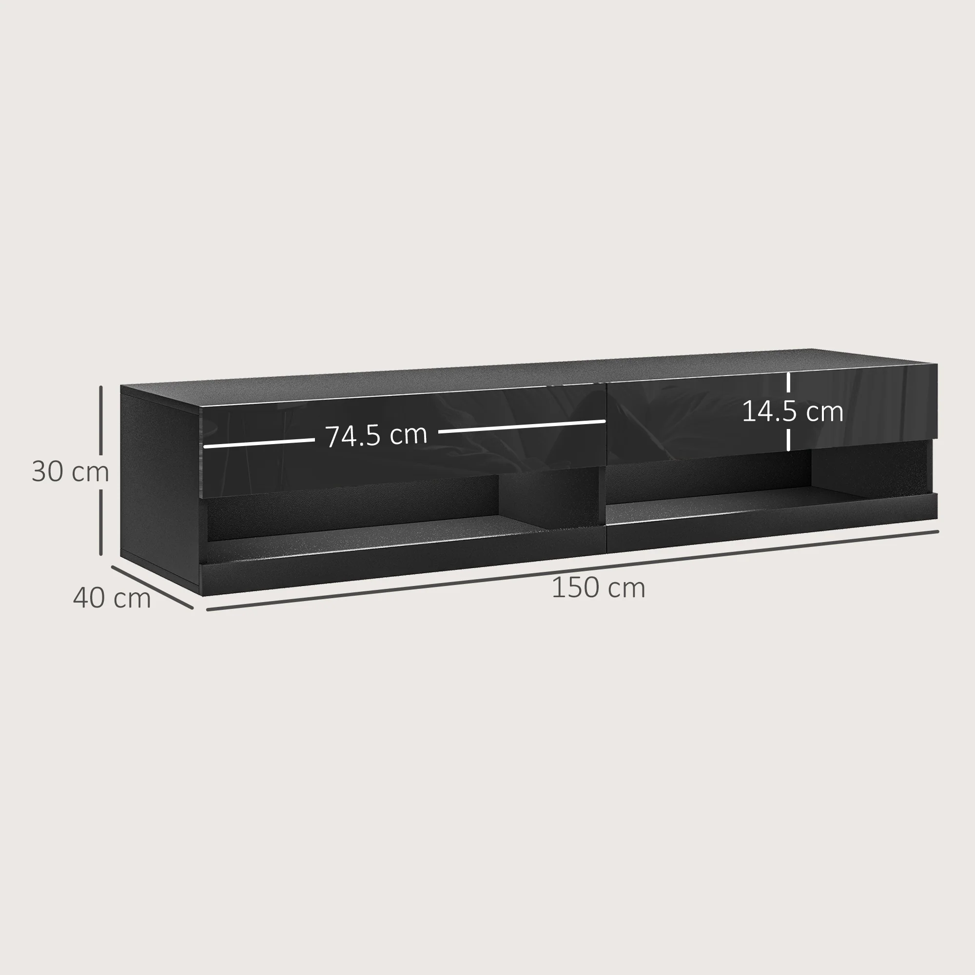 HOMCOM High Gloss TV Stand Unit Wall Mounted With LED Lights, Black - Image 15