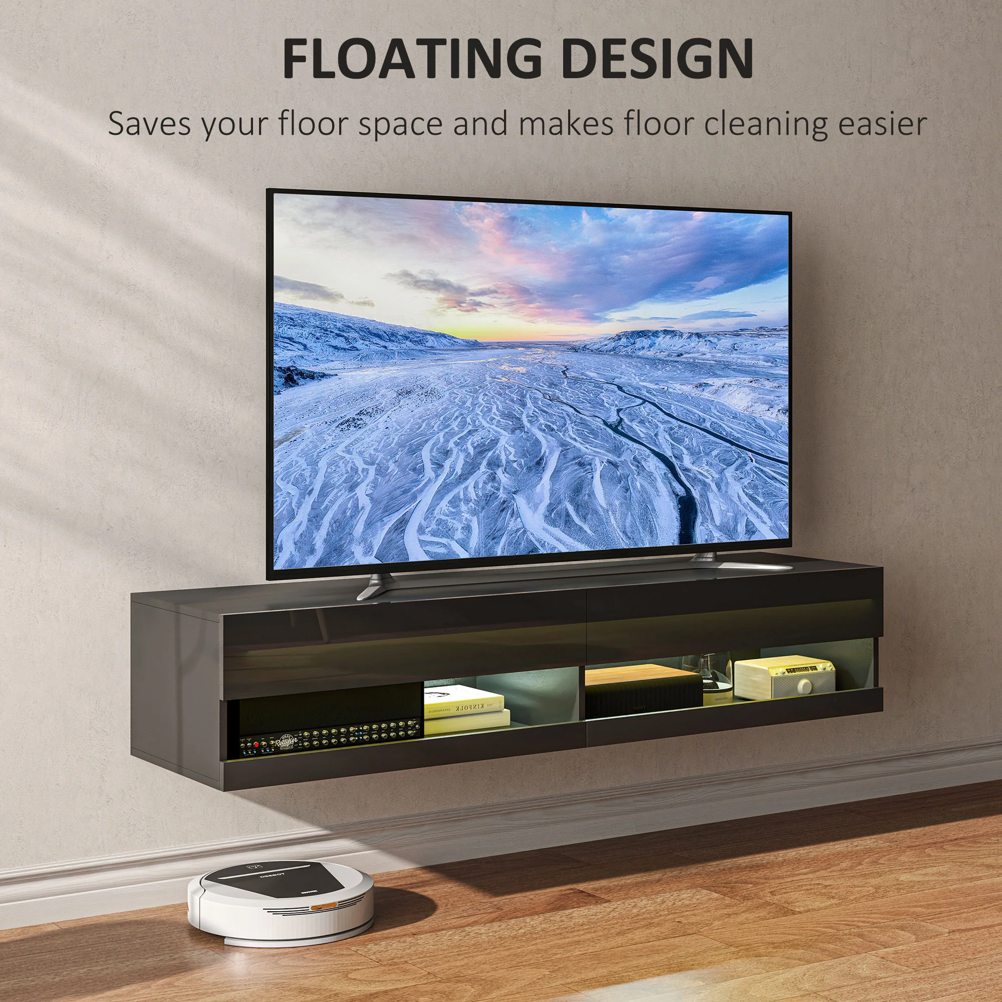 HOMCOM High Gloss TV Stand Unit Wall Mounted With LED Lights, Black - Image 4