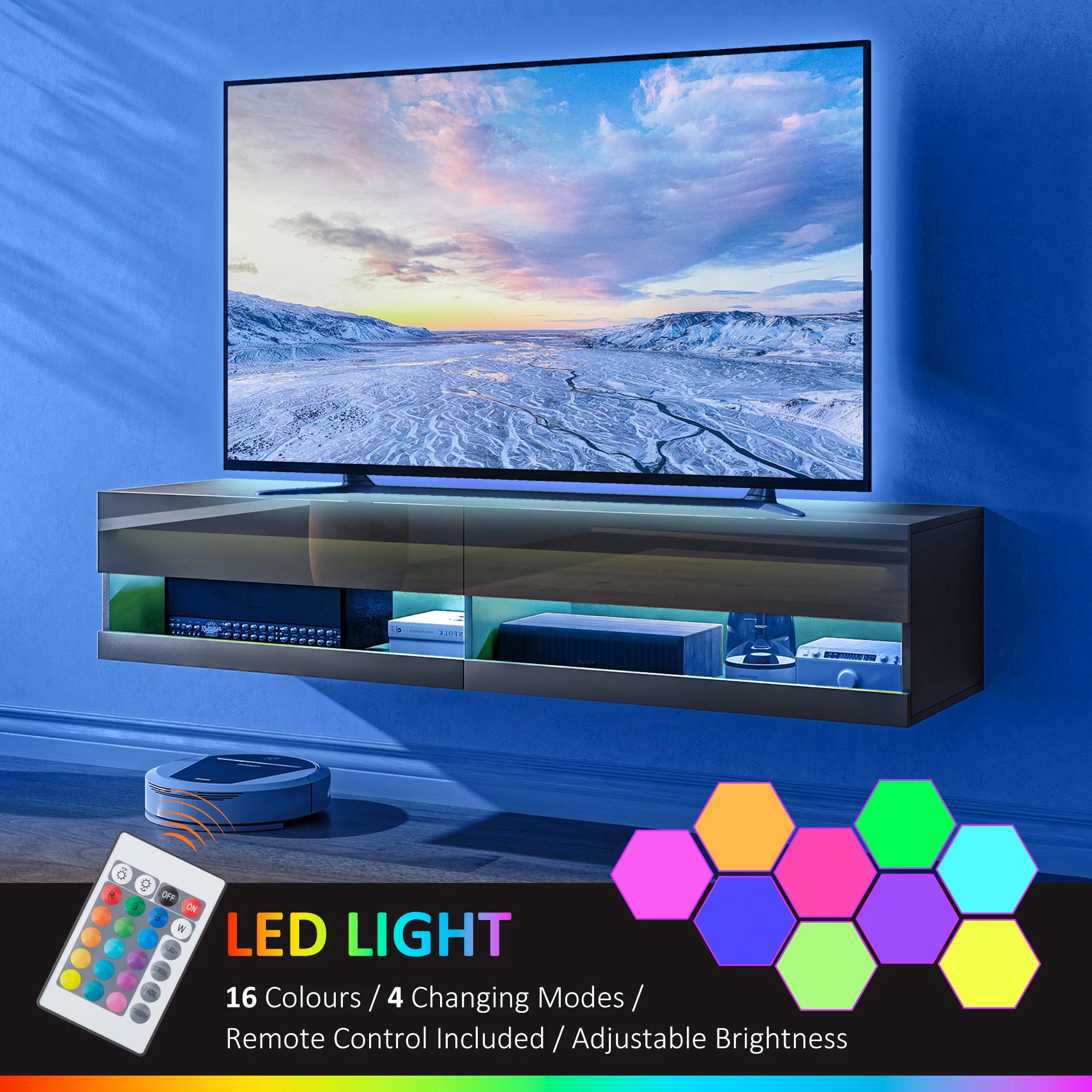 HOMCOM High Gloss TV Stand Unit Wall Mounted With LED Lights, Black - Image 5