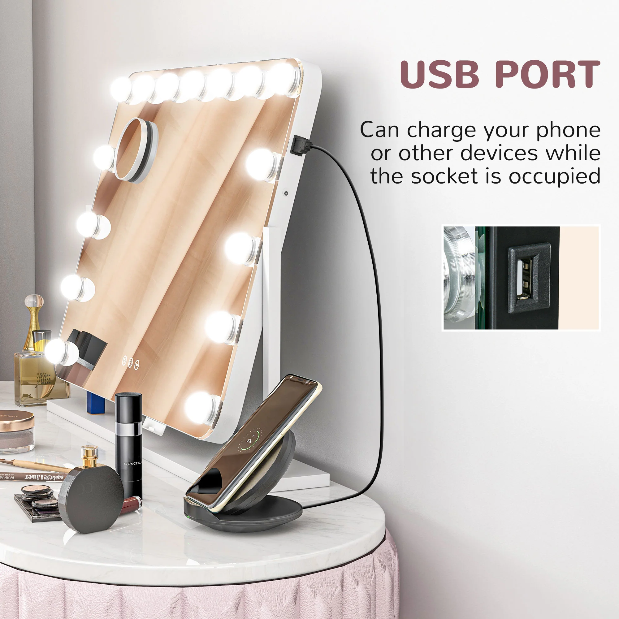 HOMCOM Hollywood Dimmable Lighted Makeup Mirror With Magnifier, USB Port - Image 3