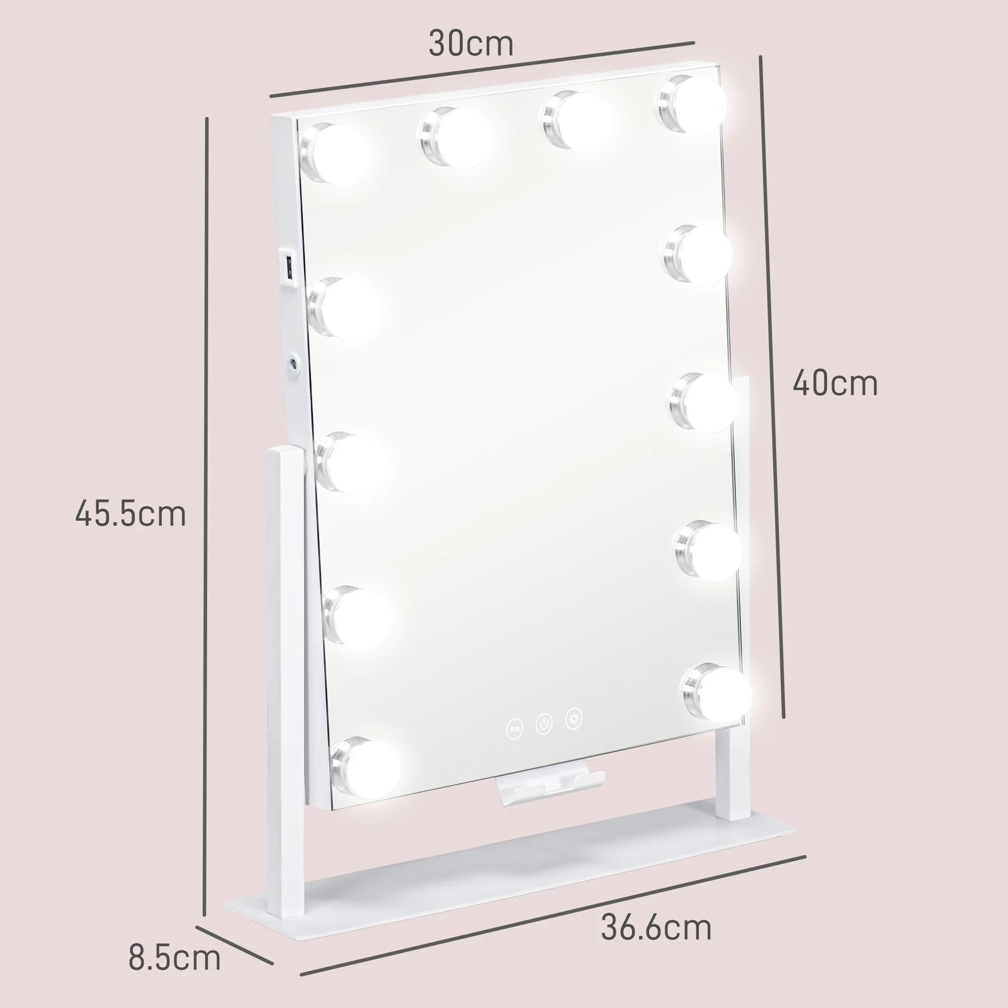 HOMCOM Hollywood Lighted Makeup Mirror With Magnifier, USB Port, Phone Holder - Image 5
