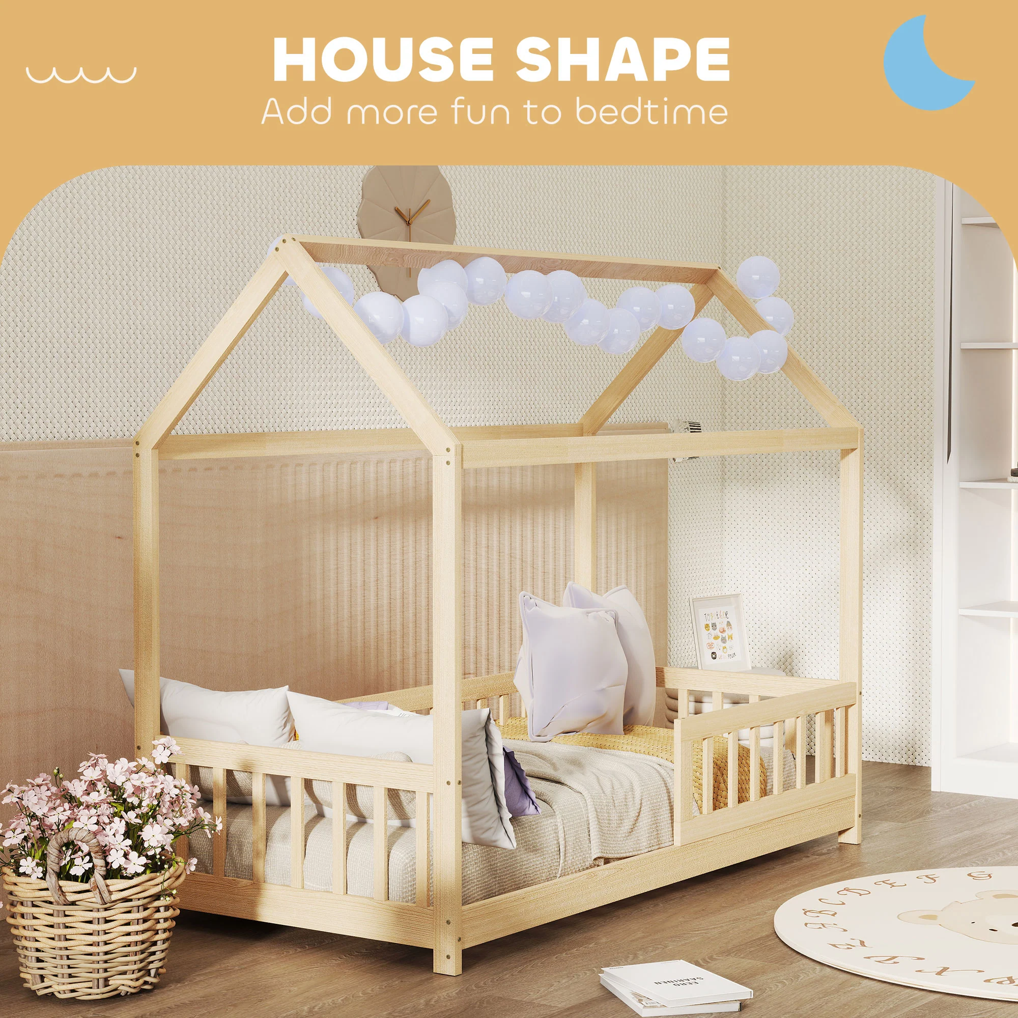 HOMCOM House-Shaped Kids Bed Frame Solid Pine Wood with Guard Rails, Natural - Image 3