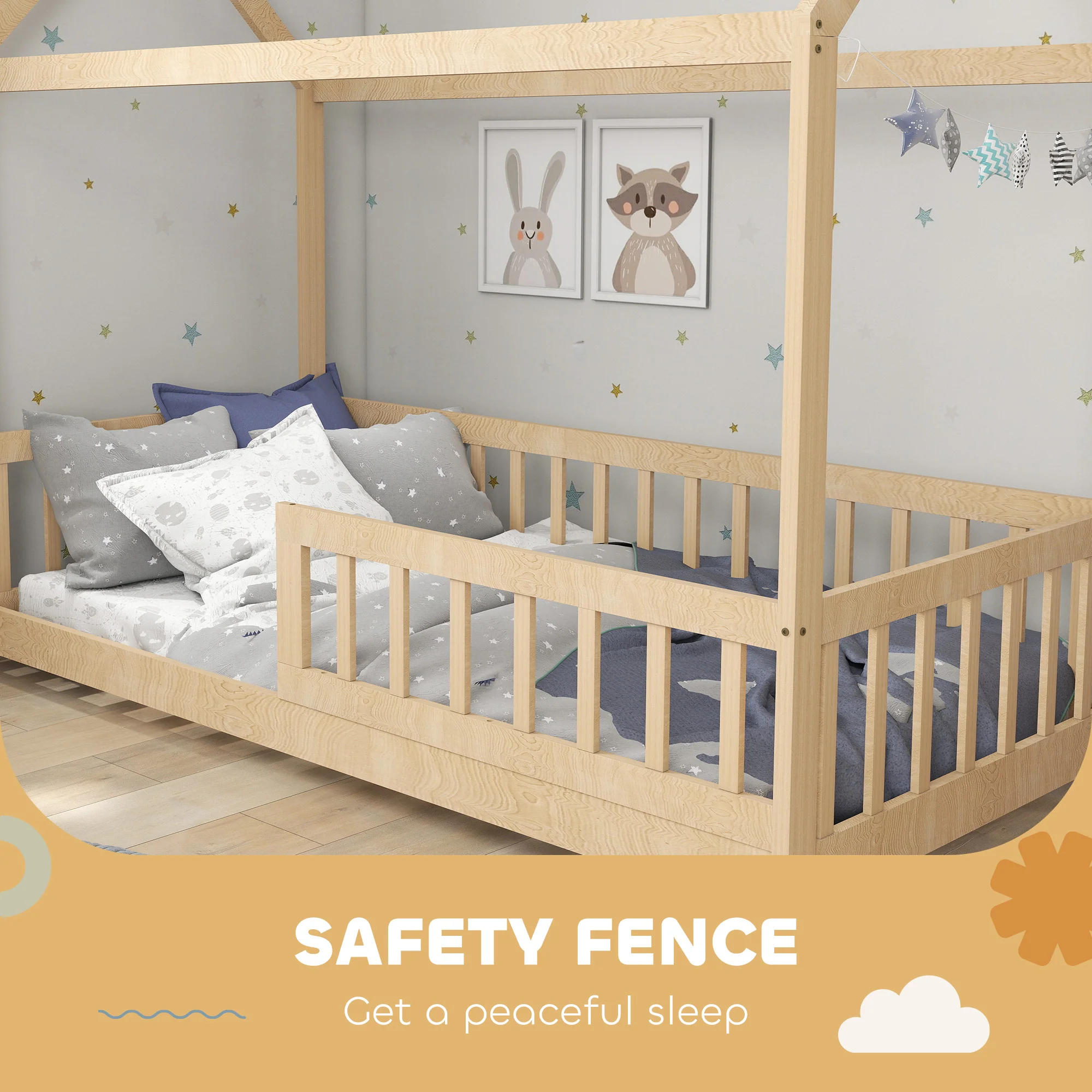 HOMCOM House-Shaped Kids Bed Frame Solid Pine Wood with Guard Rails, Natural - Image 6