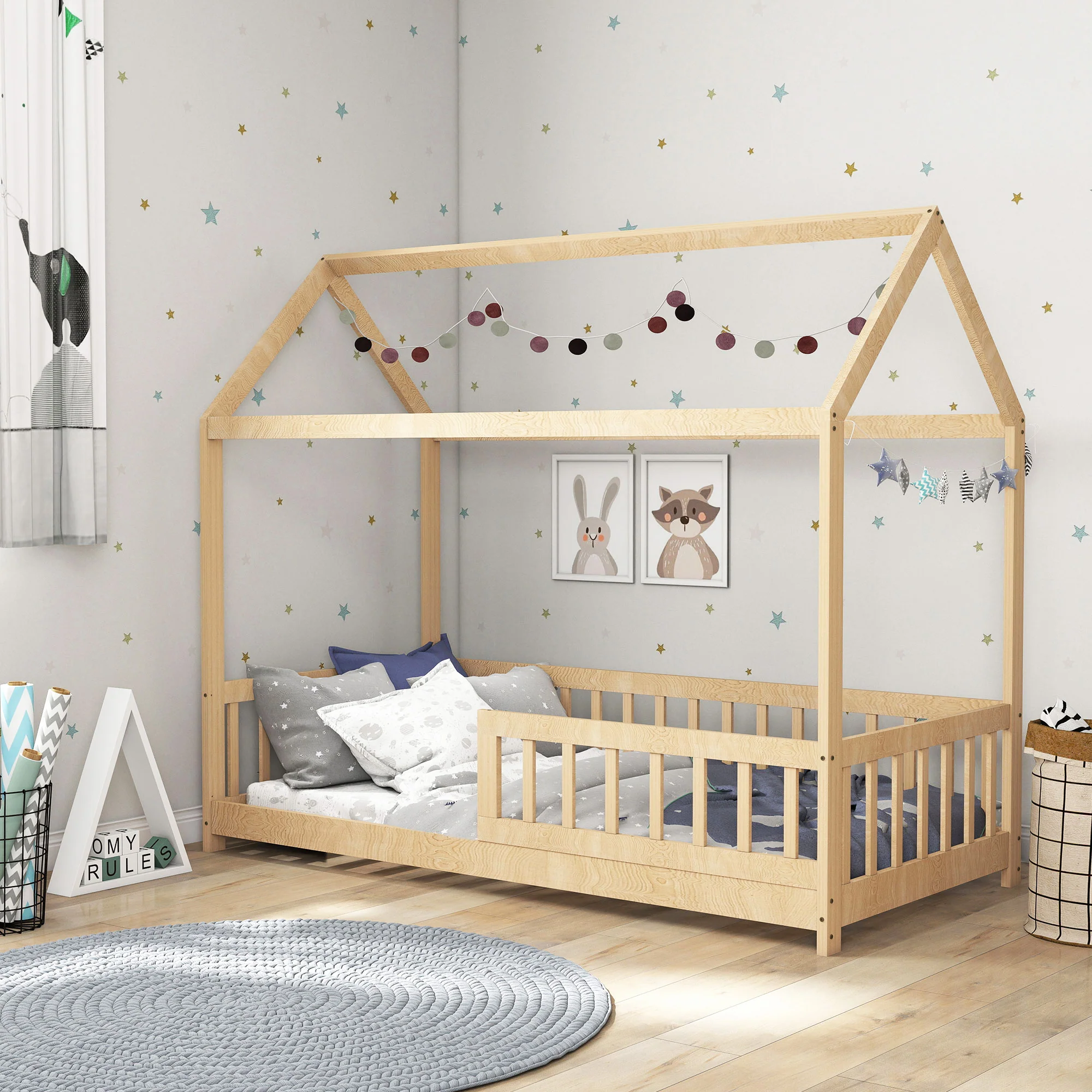 HOMCOM House-Shaped Kids Bed Frame Solid Pine Wood with Guard Rails, Natural - Image 9