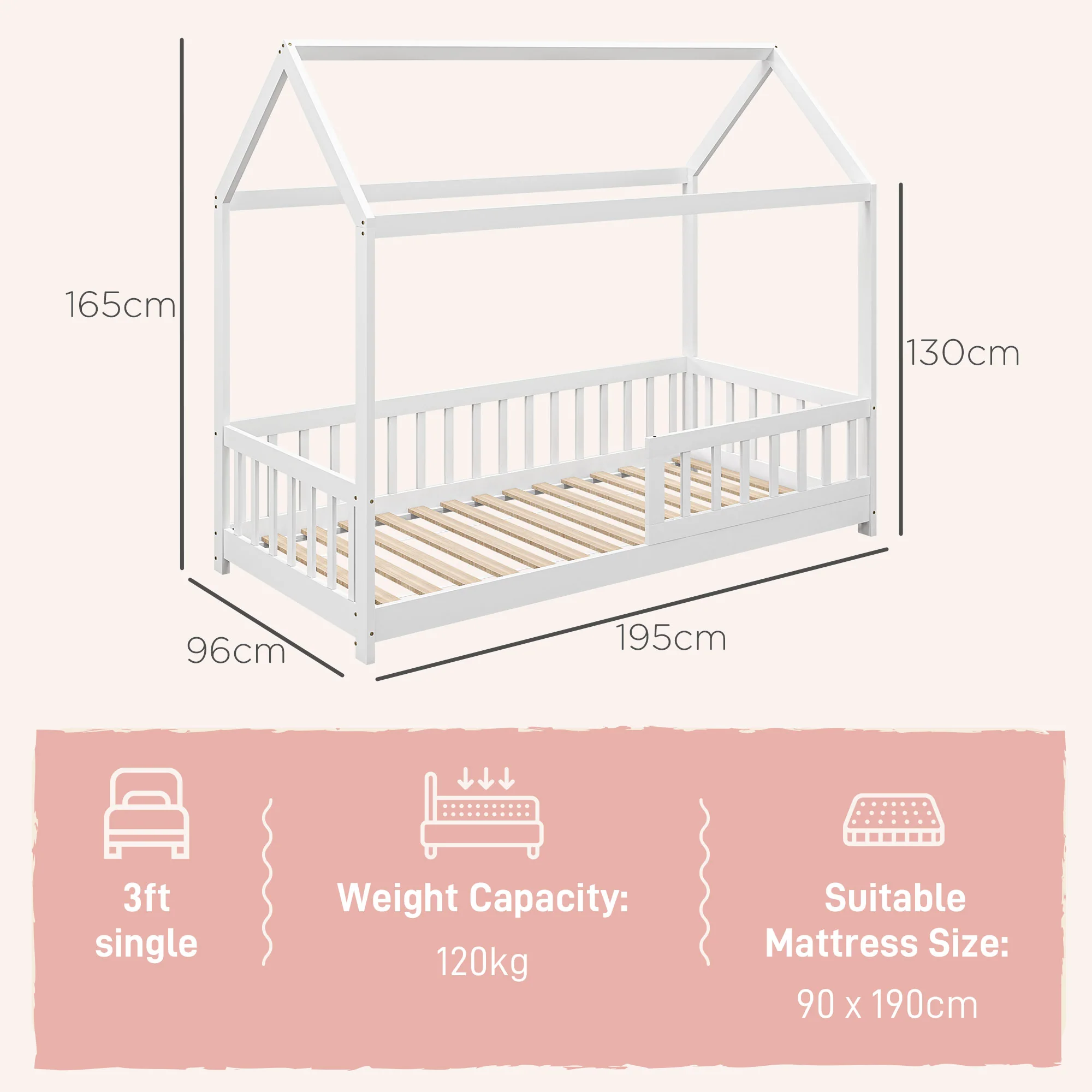 HOMCOM House-Shaped Kids Bed Frame with Safety Fence for Boys Girls, White - Image 5