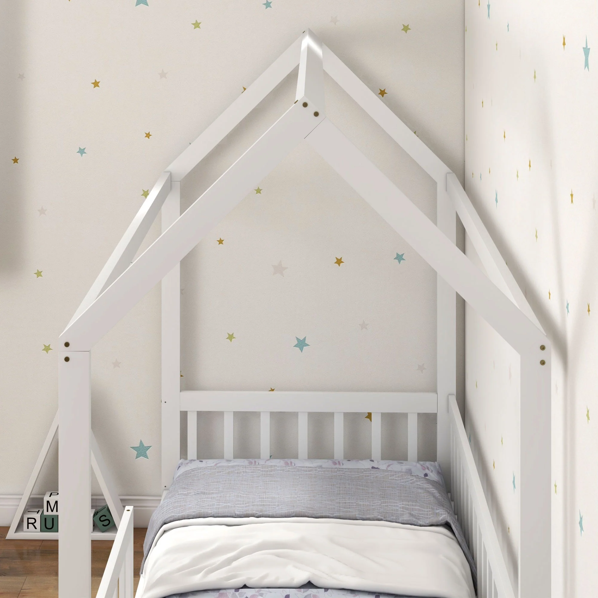 HOMCOM House-Shaped Kids Bed Frame with Safety Fence for Boys Girls, White - Image 9