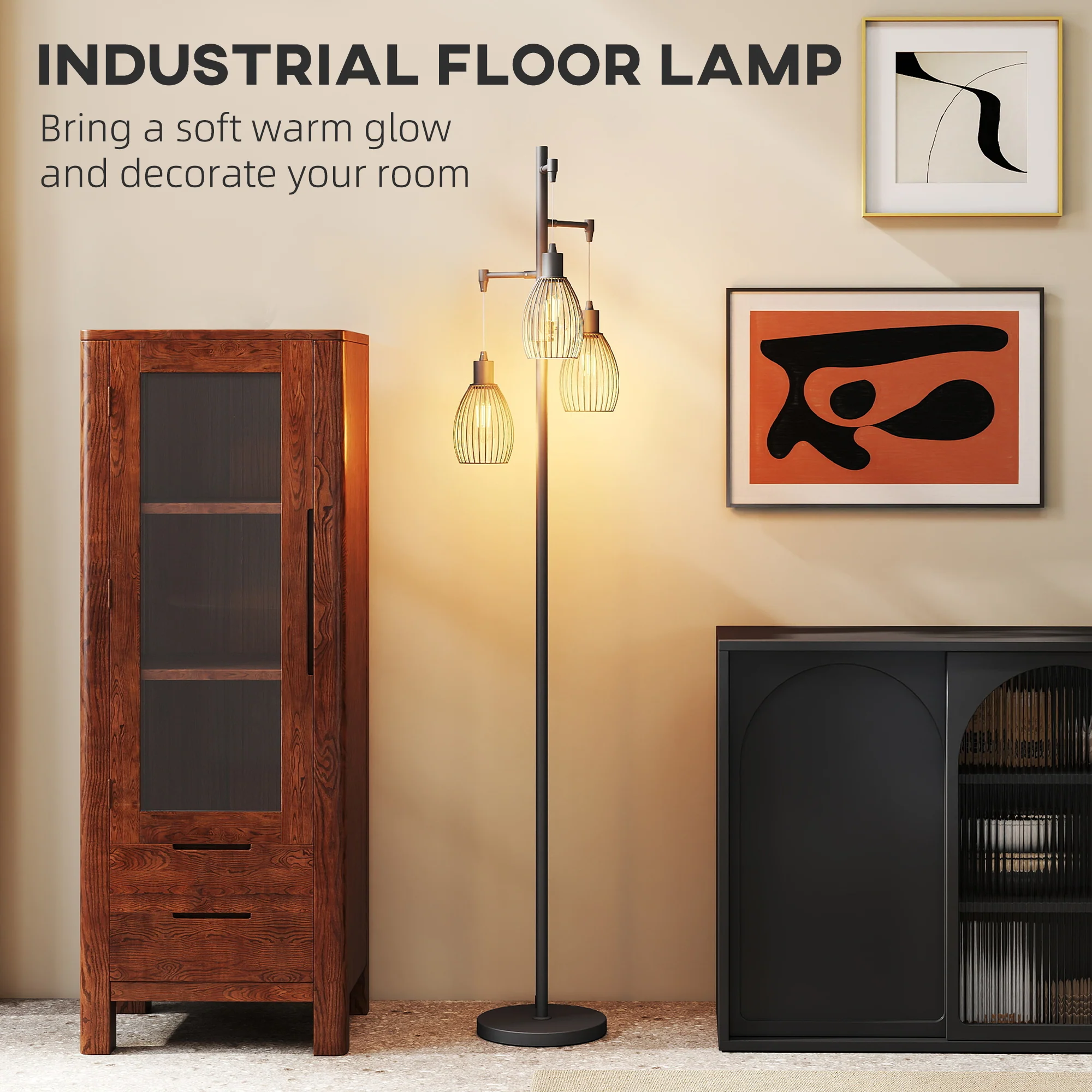 HOMCOM Industrial 3-Light Floor Lamp Dimmable LED Standing Lamp, Black - Image 6