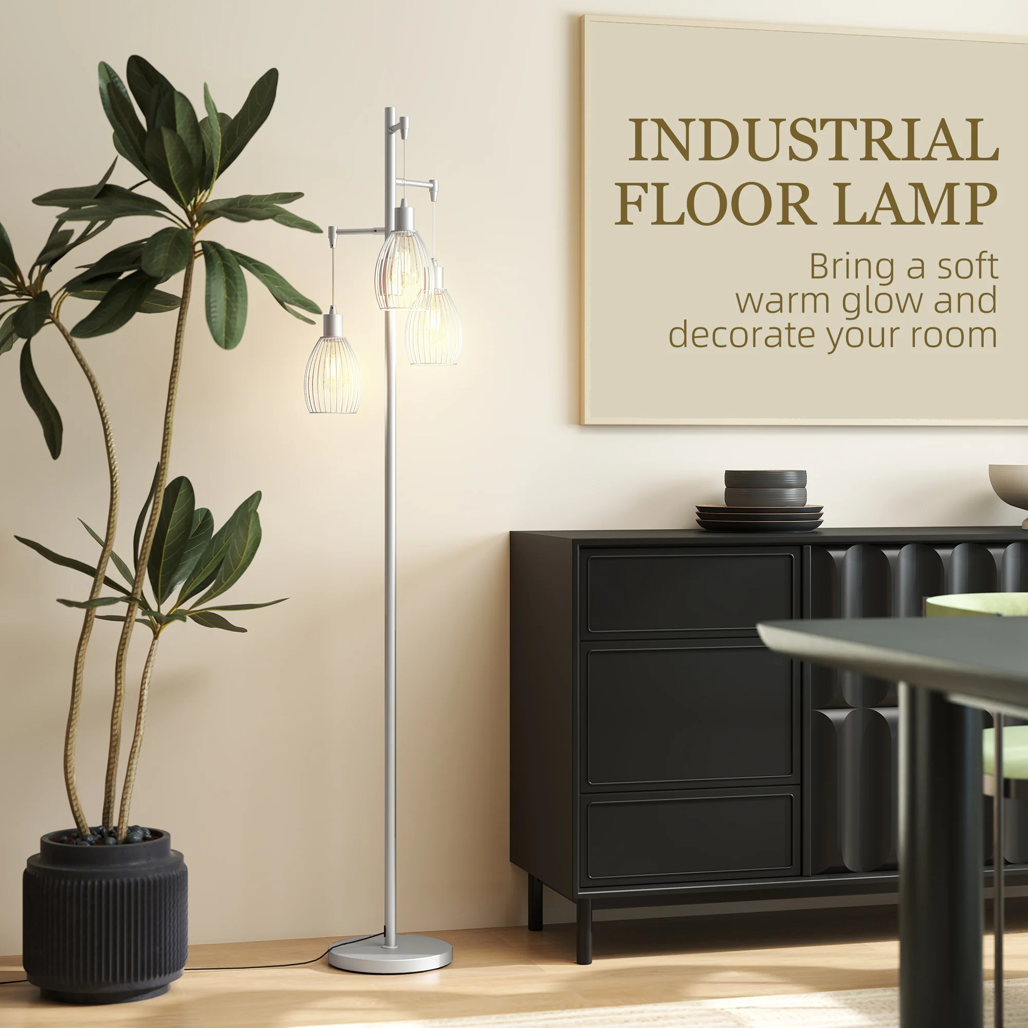 HOMCOM Industrial 3-Light Floor Lamp Dimmable Standing Lamp - Image 13
