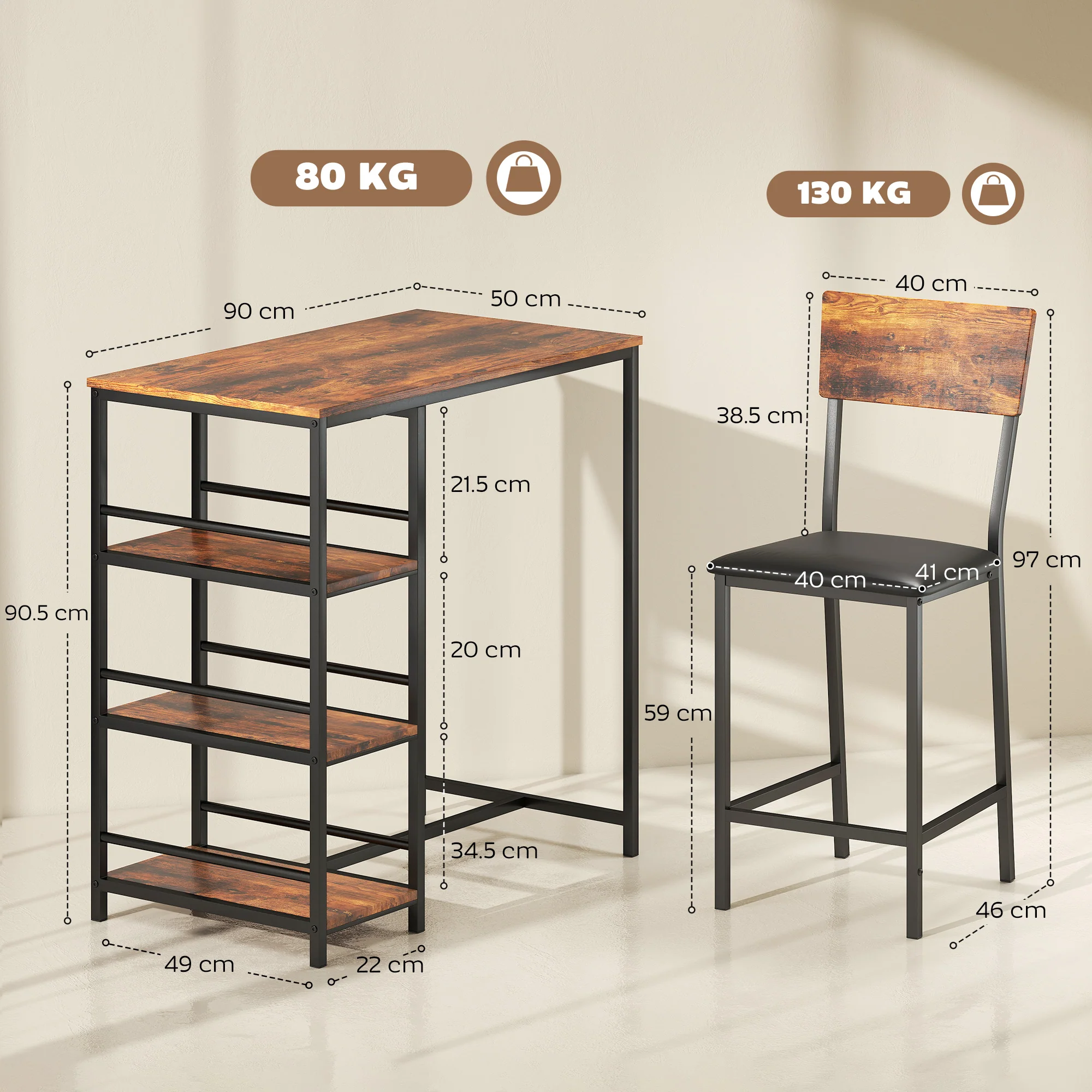 HOMCOM Industrial Bar Table Set with Storage and Padded Seats, Rustic Brown - Image 5