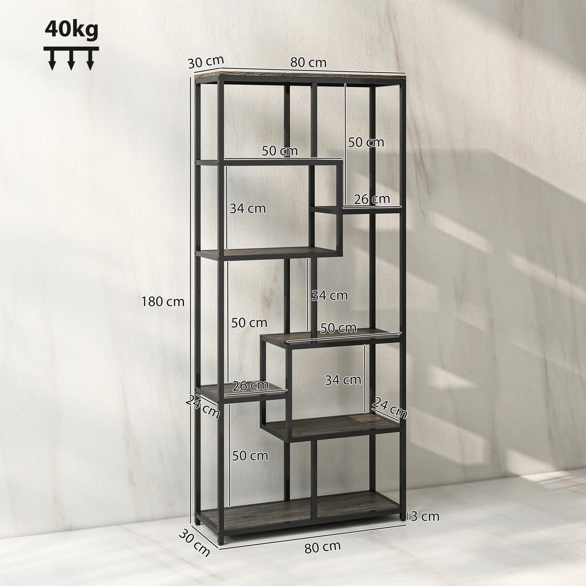 HOMCOM Industrial Bookcase 7-Tier Bookshelf Shelving Unit Grey Black - Image 5