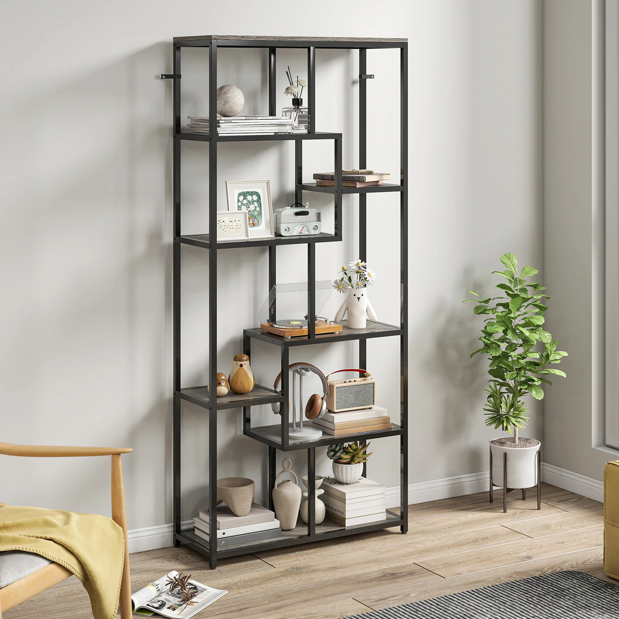 HOMCOM Industrial Bookcase 7-Tier Bookshelf Shelving Unit Grey Black - Image 7