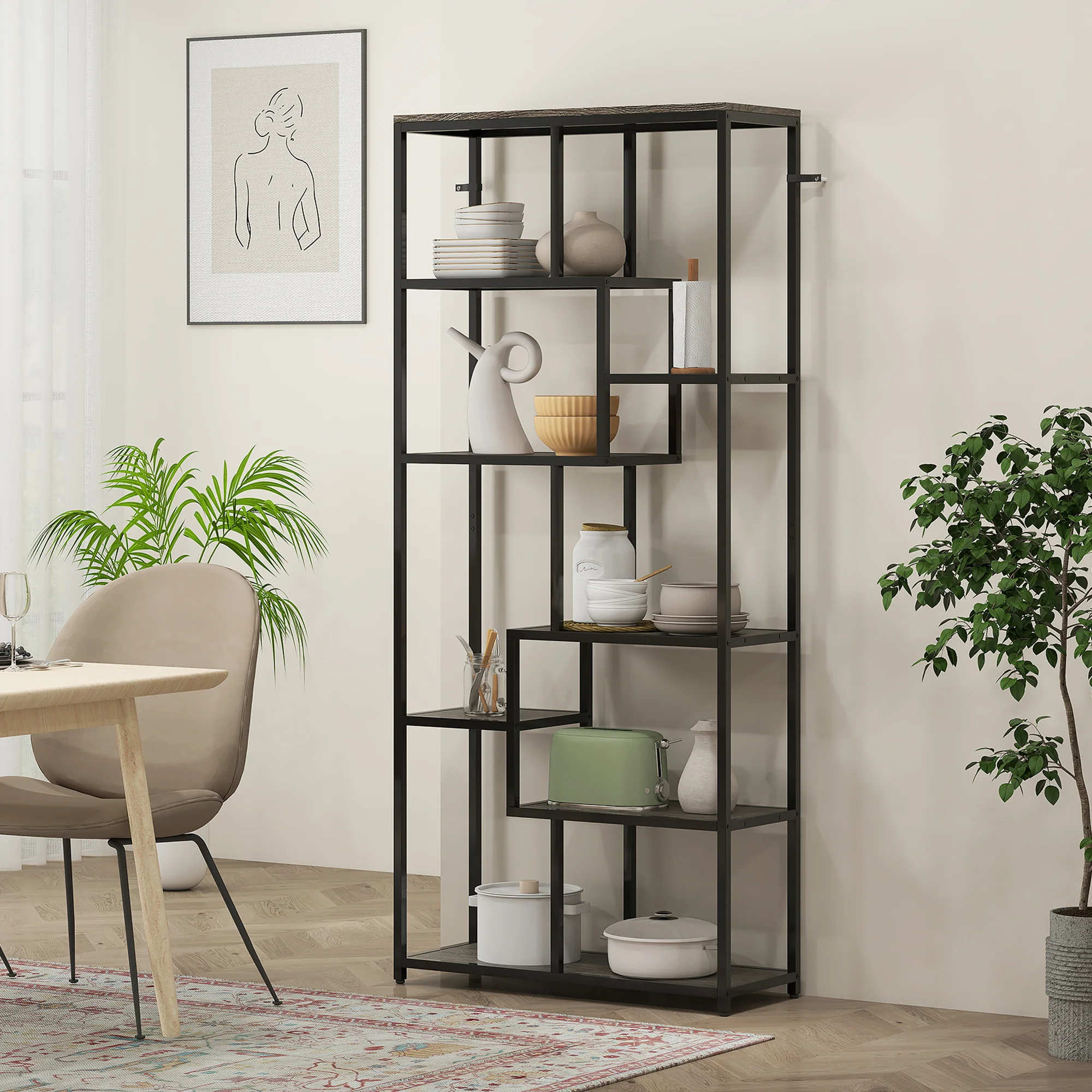 HOMCOM Industrial Bookcase 7-Tier Bookshelf Shelving Unit Grey Black - Image 8