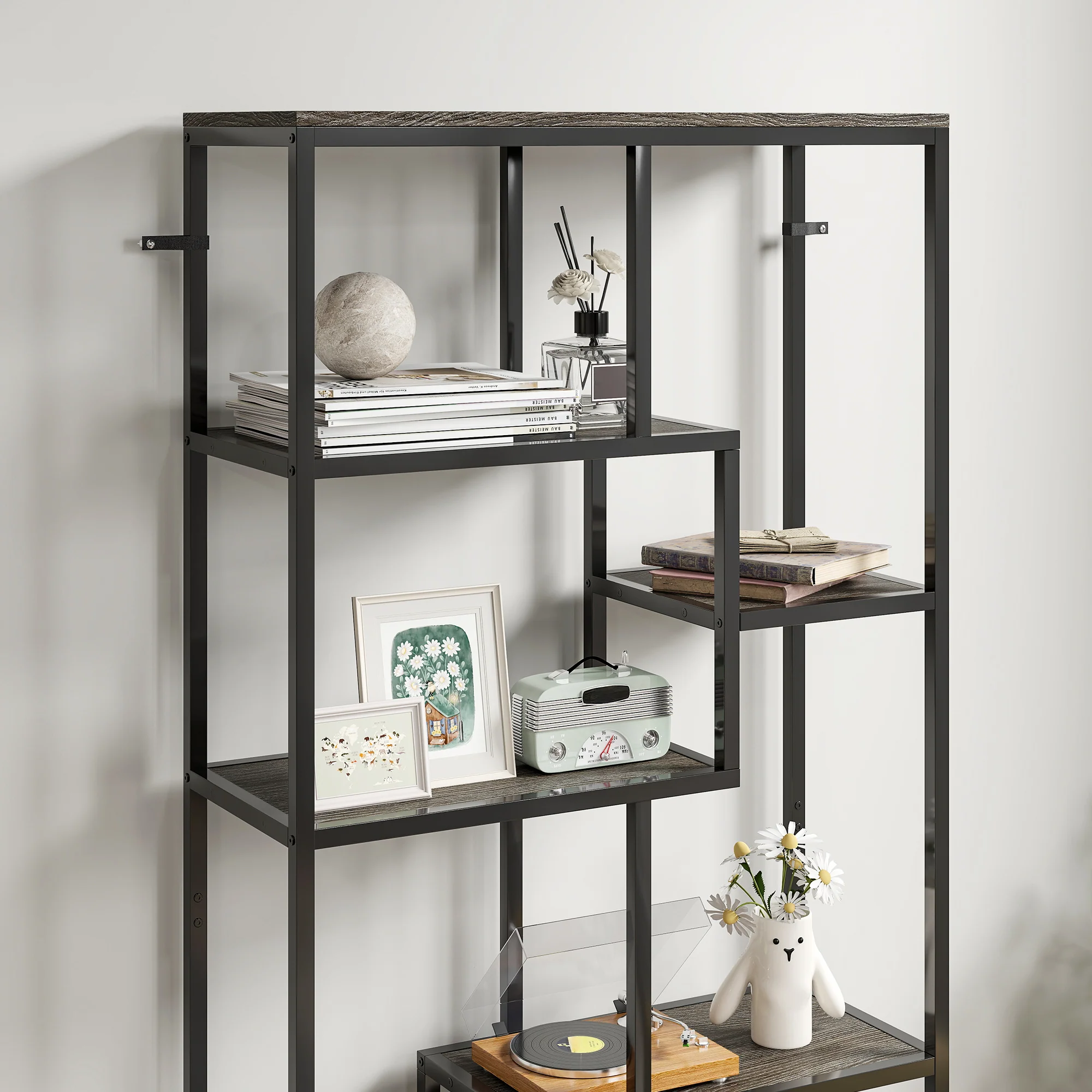 HOMCOM Industrial Bookcase 7-Tier Bookshelf Shelving Unit Grey Black - Image 9