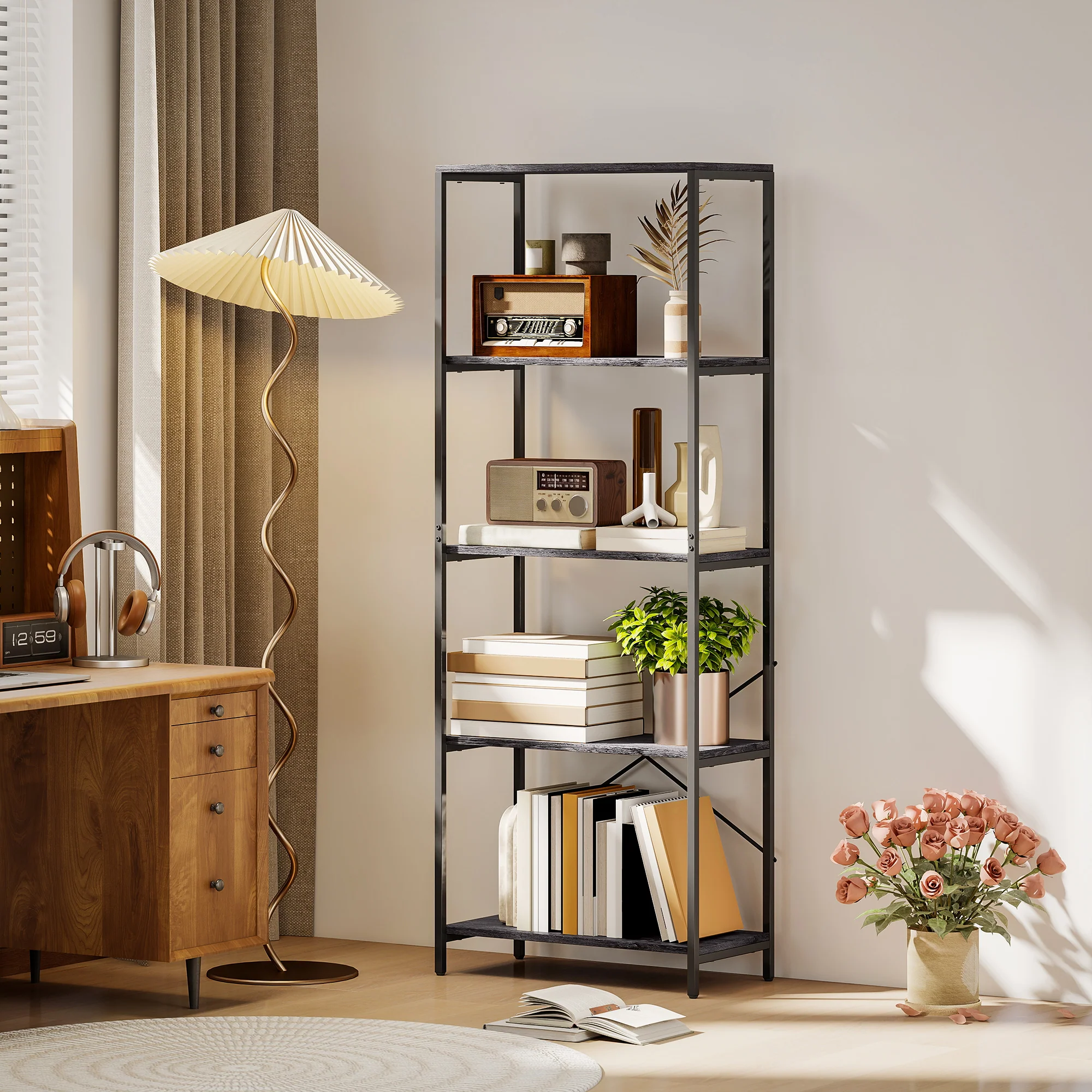 HOMCOM Industrial Bookshelf, Freestanding Bookcase, Dark Grey and Black - Image 2