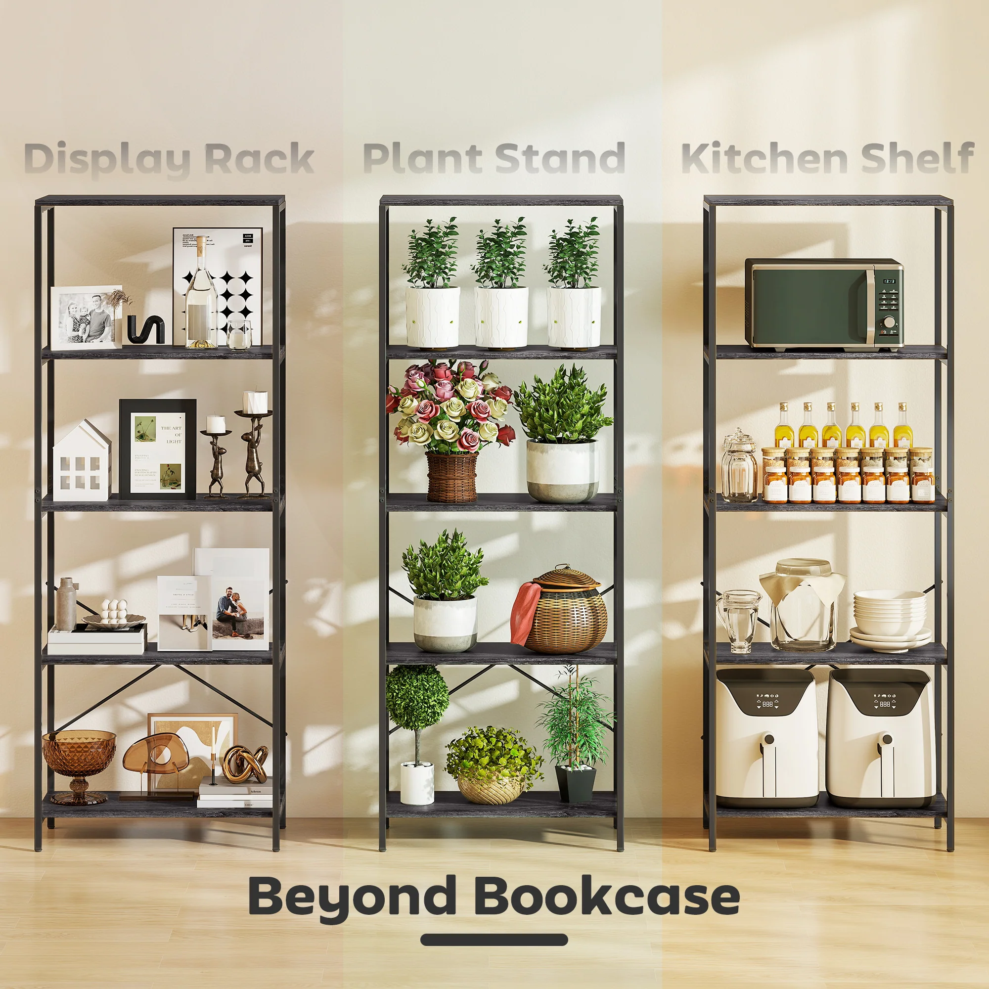 HOMCOM Industrial Bookshelf, Freestanding Bookcase, Dark Grey and Black - Image 6