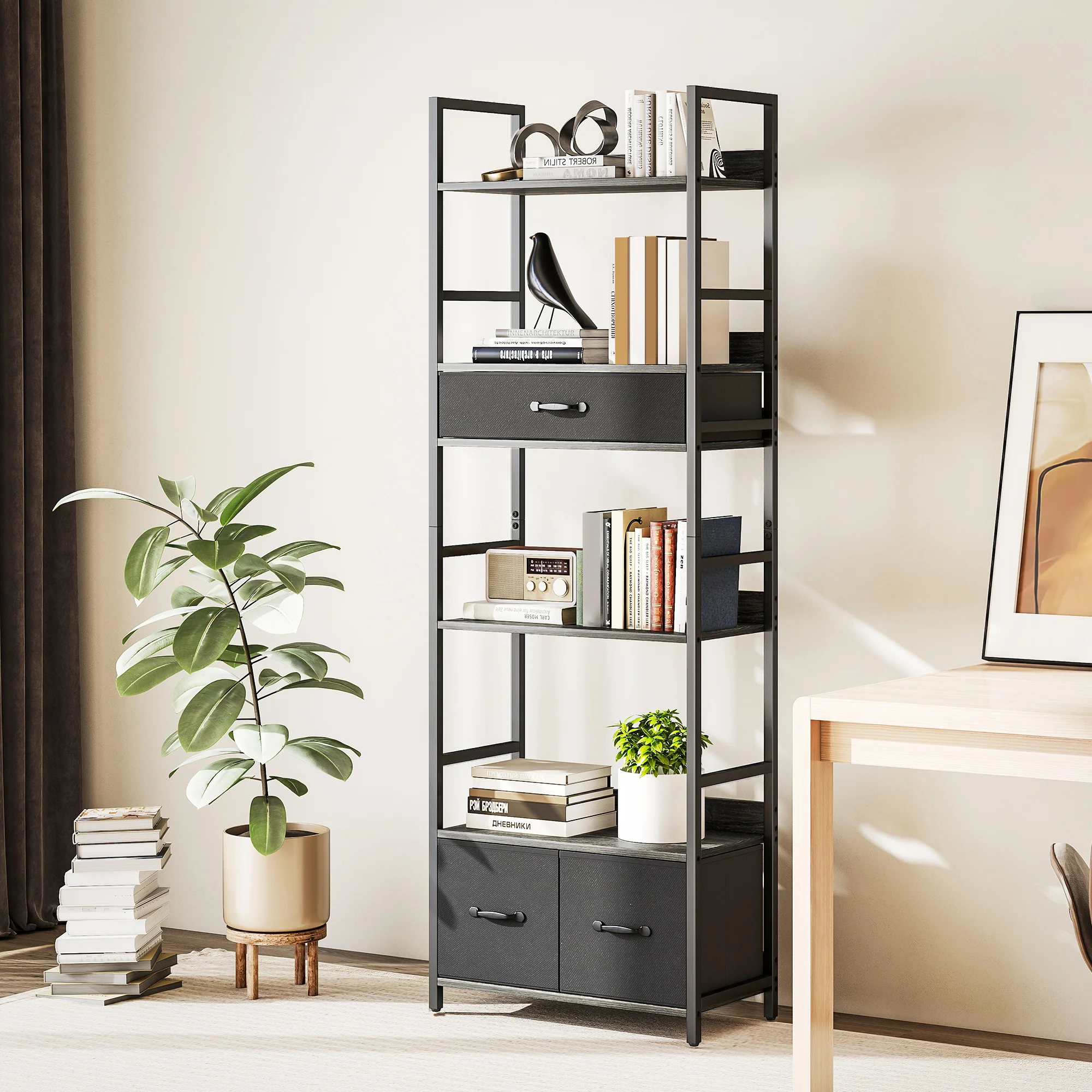 HOMCOM Industrial Bookshelf with 4 Shelves and 3 Fabric Drawers Grey - Image 2